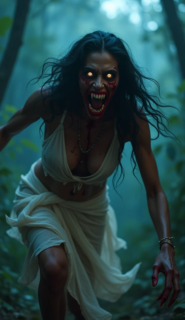 wide shot camera angle. a woman head (no body), only head and long black hair flying high in the air in an old indonesian village, a scary, eerie, bloody zombie dark face of a Malay woman, very extreme long hair ((20 feet long)) covered face, she screaming, open her mouth out loud. looking at the camera, creepy face. Background of gloomy dark night in the indonesian old village. no light. dramatic sky. cinematic shots. horror film still. masterpiece, hyper realistic. masterpiece.