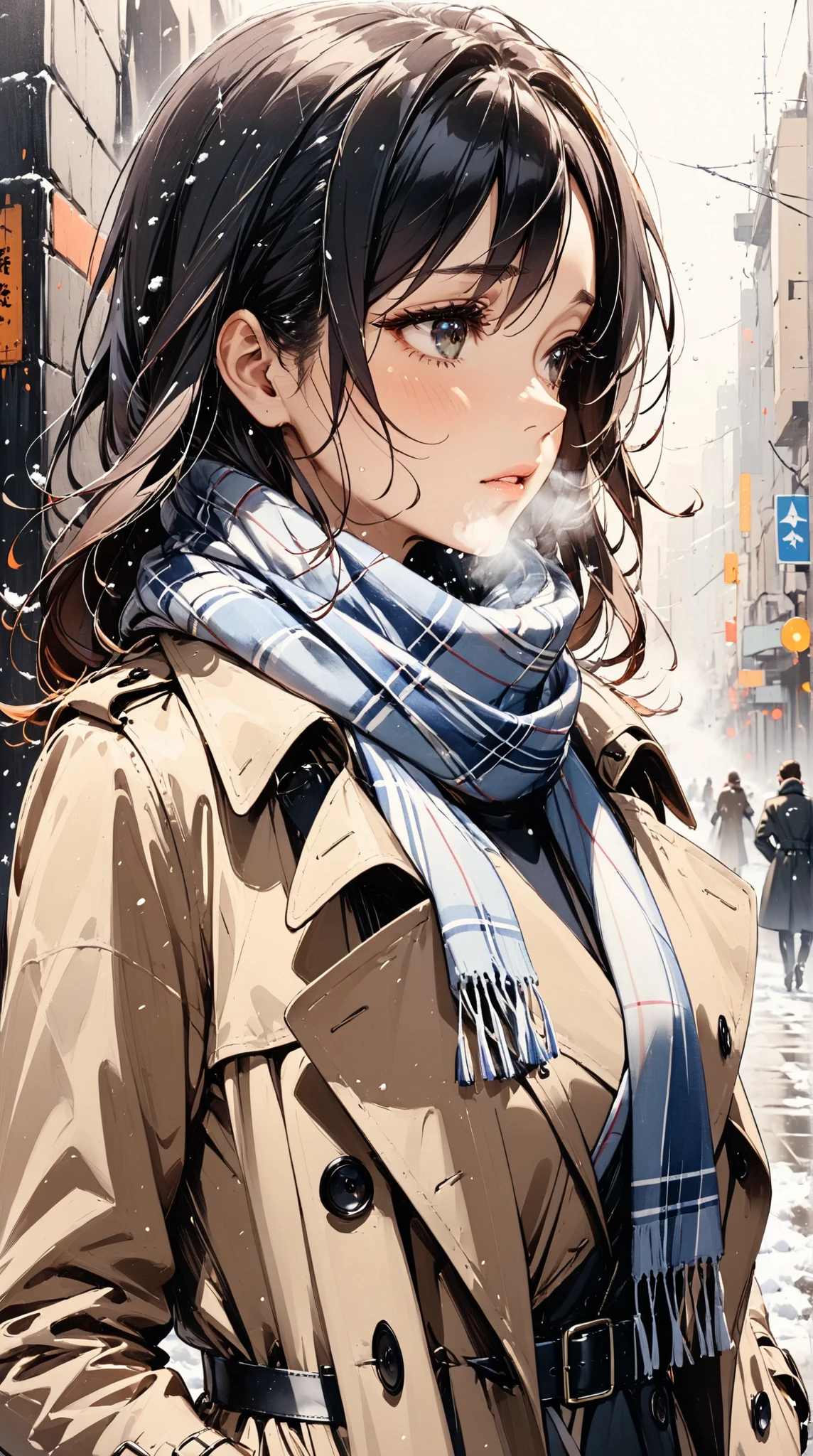 1girl, trench coat, scarf, looking away, cold breath