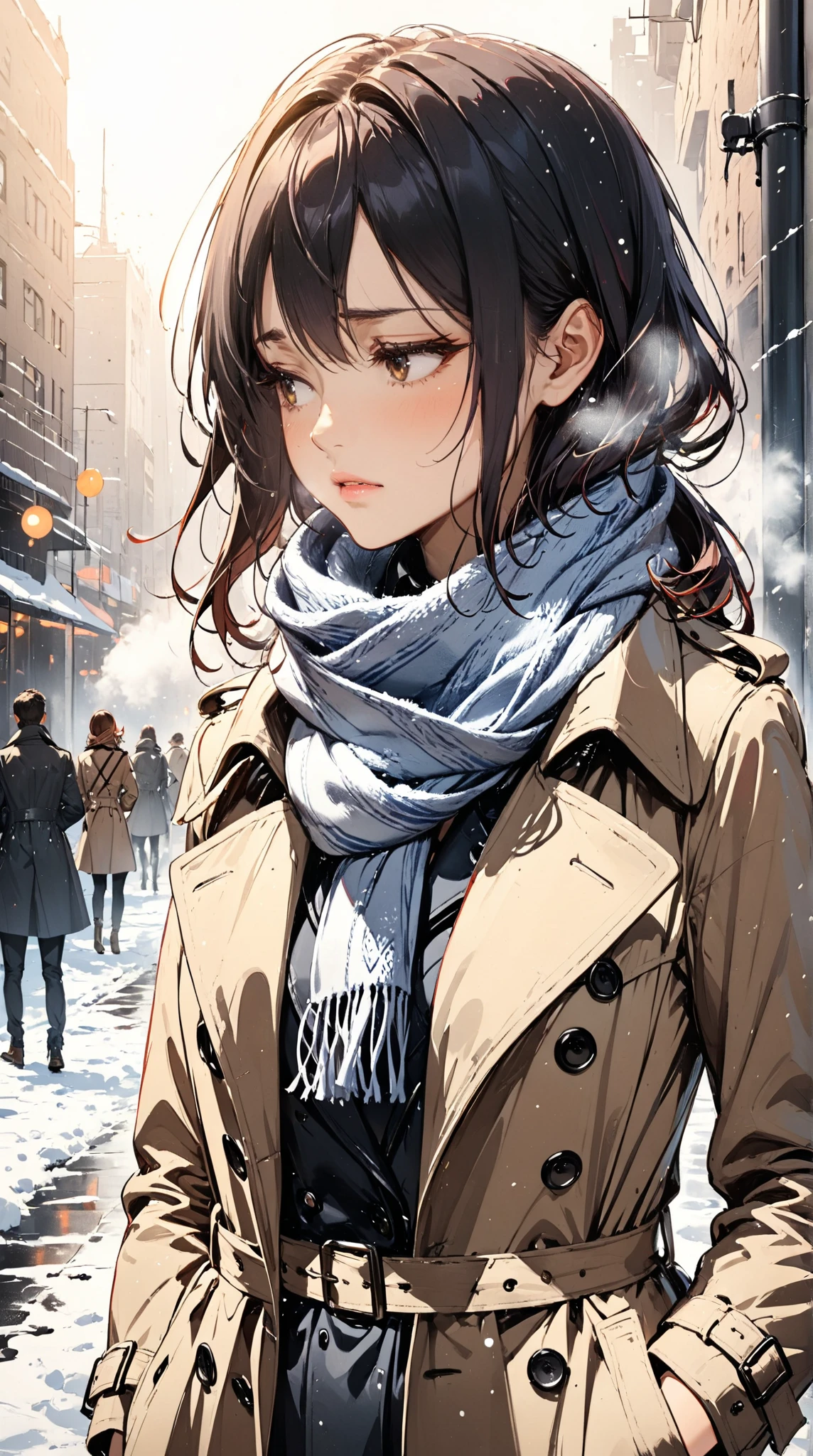 1girl, trench coat, scarf, looking away, cold breath