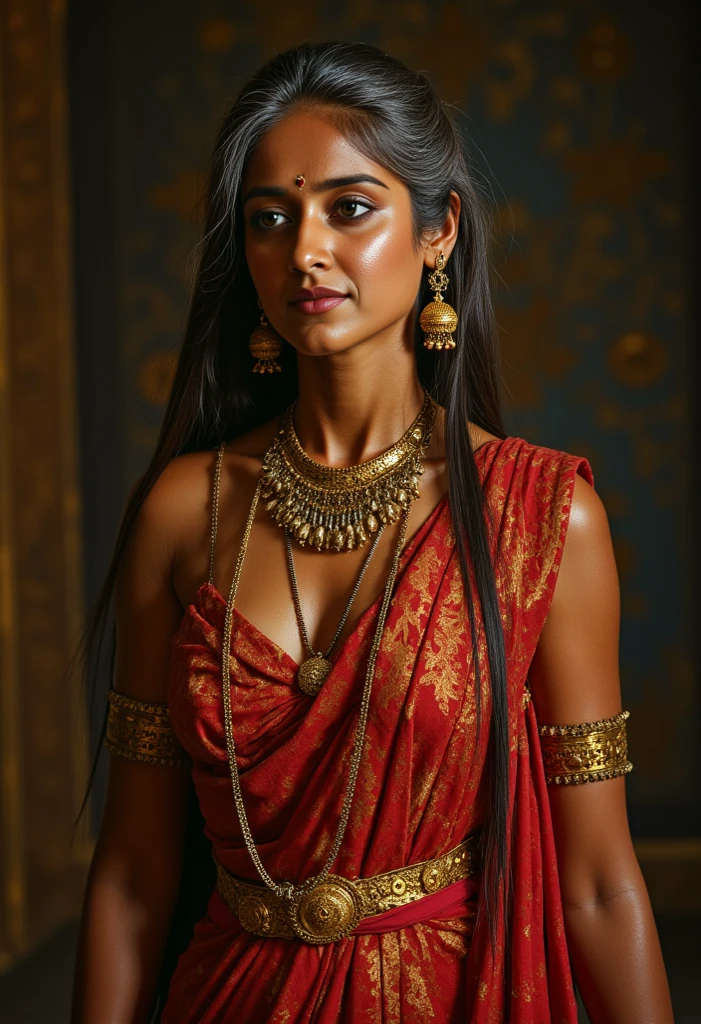  14th century old beautiful Indian goddess, traditional clothes, no bra or blouse underneath,exposed breasts,  gold ornaments, medium natural breast, stretching forwards sweat over forehead and chest, sensuous look towards the camera , sweaty, moist, 