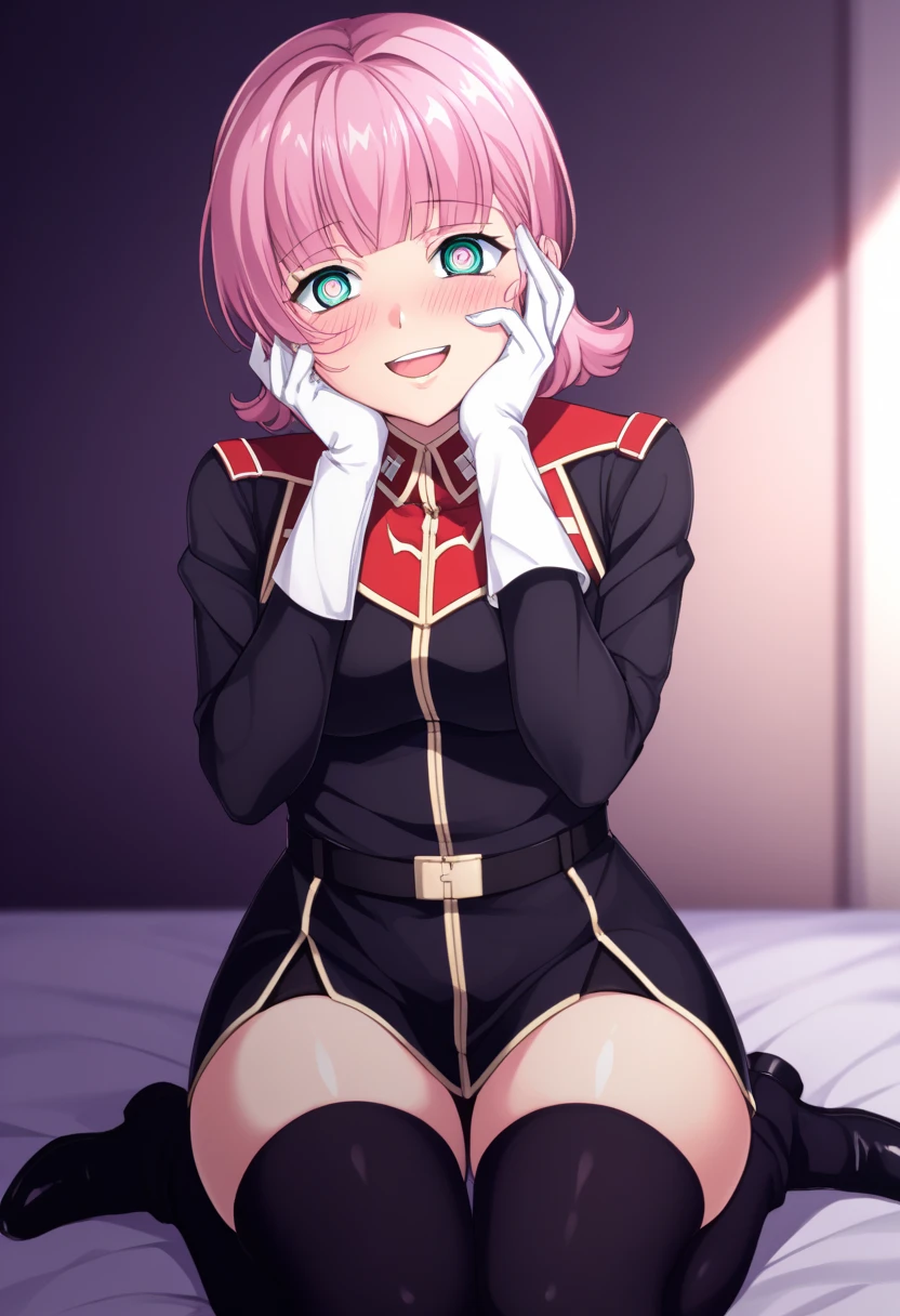 score_9、 score_8_ up、 score_7_ up、Refined details 、  source anime、 {{{{  Titan Costume }}}}、  1 girl、、SarahZab1ar0v、 pink hair 、 black uniform、  Long Sleeve  、 White Glove、 、  Black Knee High Socks、Knee Boots、  Black Bed  room、  closet in the castle room 、  Black Bed  、  Black Bed  に横たわる、blush、、 yandere トランス、 yandere 、 place your hands on your cheeks 、 place your hands on your face、Crazy Eyes、 Crazy Smile 、Madness、Shine目、 symbol shaped pupil 、 place your hands on your face、 open her mouth 、Shine、blushする、 look at the viewer 