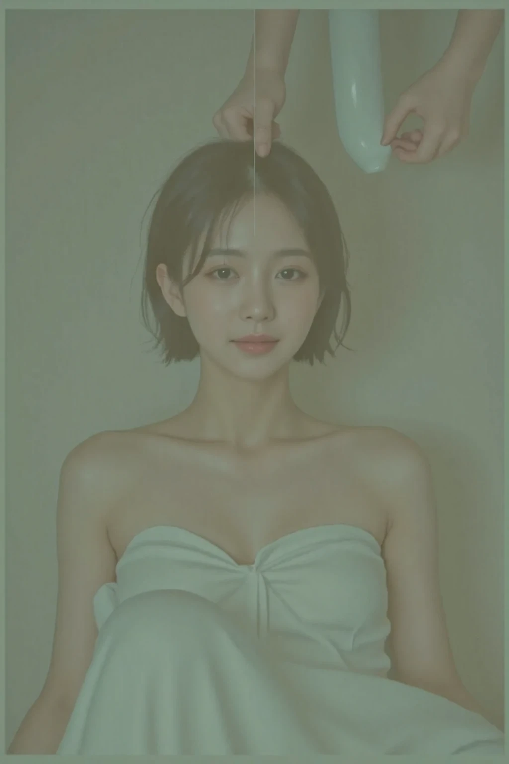 SPLIT INTO TWO SCREENS. Two screens each showing the same k-pop female star. Vertical Line in the middle of the screen. Left and right. Before sex vs during orgasm. Towel on vs completely naked. Sitting alone vs Being tickled by a man