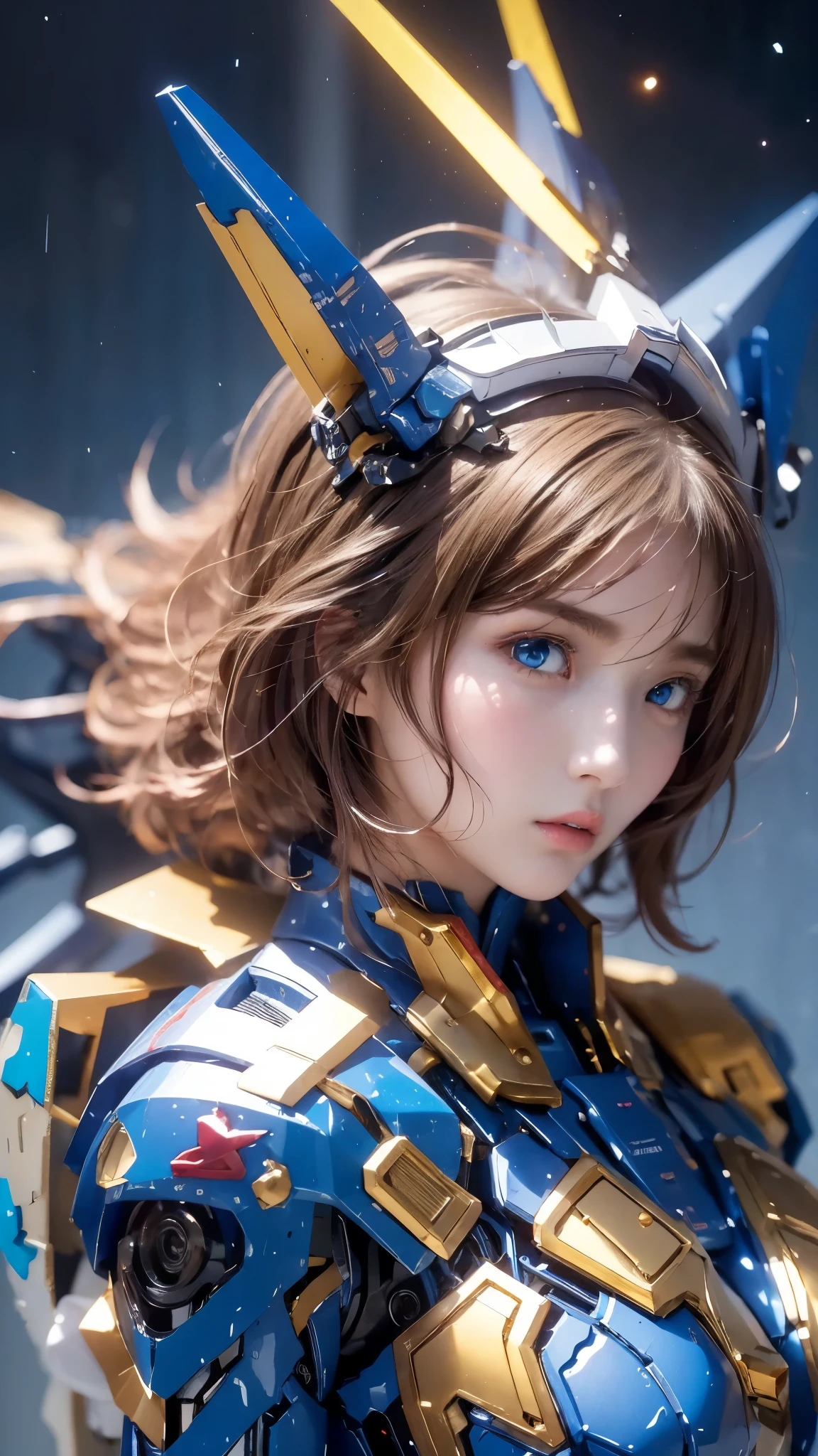 textured skin , super detailed , attention to detail, High Quality , 最 High Quality , high res, 1080P, hard disk , beautiful,(Gundam Girl), beautifulサイボーグの女性, mecha cyborg girl,BATTLE MODE,Japanese girl with a machine body 、Moderate bust、 black hair、 shortcuts,She is wearing an old style Gundam mecha 、White, blue, red and yellow body color、 Fine Decorations 、Illuminating parts、Floating in the air、