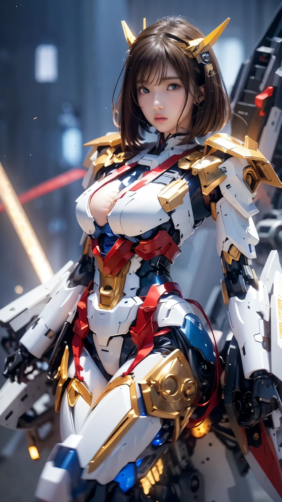 textured skin , super detailed , attention to detail, High Quality , 最 High Quality , high res, 1080P, hard disk , beautiful,(Gundam Girl), beautifulサイボーグの女性, mecha cyborg girl,BATTLE MODE,Japanese girl with a machine body 、Moderate bust、 black hair、 shortcuts,She is wearing an old style Gundam mecha 、White, blue, red and yellow body color、 Fine Decorations 、Illuminating parts、Floating in the air、