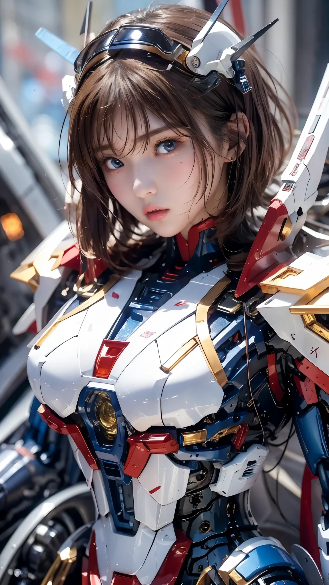  textured skin ,  super detailed ,  attention to detail,  High Quality , 最 High Quality ,  high res, 1080P,  hard disk ,  beautiful,(Gundam Girl), beautifulサイボーグの女性, mecha cyborg girl,BATTLE MODE,Japanese girl with a machine body 、Moderate bust、 black hair、 shortcuts,She is wearing an old style Gundam mecha 、White, blue, red and yellow body color、 Fine Decorations 、Illuminating parts、 emphasizes breasts