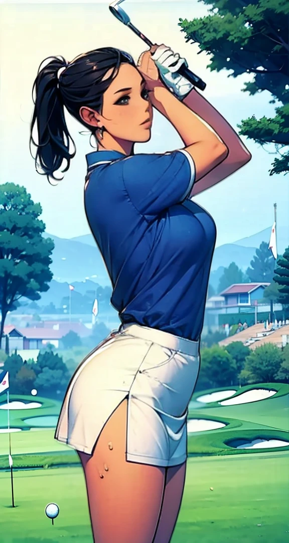 surrealism, cinematic lighting, 8k, super detail, UHD, masterpiece, accurate, anatomically correct, textured skin, super detail, high details, best quality, HD, Alone, japanese woman,  black hair,  ponytail, curvy,  blue tops,  white mini skirt, (( golf swing)), play golf,  ((Swinging a golf club)),  can see her panties,  (( lower angle )),  golf course, 