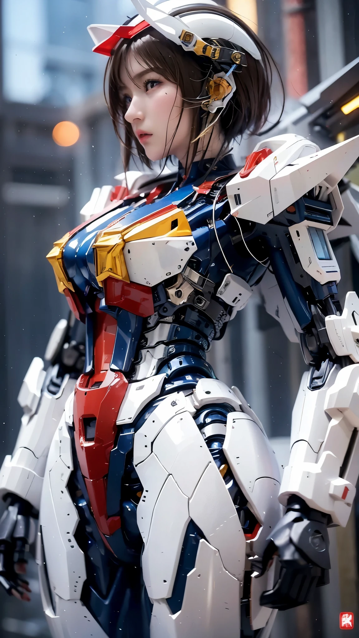 textured skin , super detailed , attention to detail, High Quality , 最 High Quality , high res, 1080P, hard disk , beautiful,(Gundam Girl), beautifulサイボーグの女性, mecha cyborg girl,BATTLE MODE,Japanese girl with a machine body 、Moderate bust、 black hair、 shortcuts,She is wearing an old style Gundam mecha 、White, blue, red and yellow body color、 Fine Decorations 、Illuminating parts、profile、Hangar