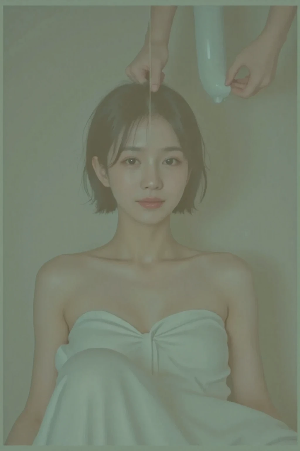 SPLIT INTO TWO SCREENS. Two screens each showing the same k-pop female star. Vertical Line in the middle of the screen. Left and right. Before sex vs during orgasm. Towel on vs completely naked. Sitting alone vs Being tickled by a man