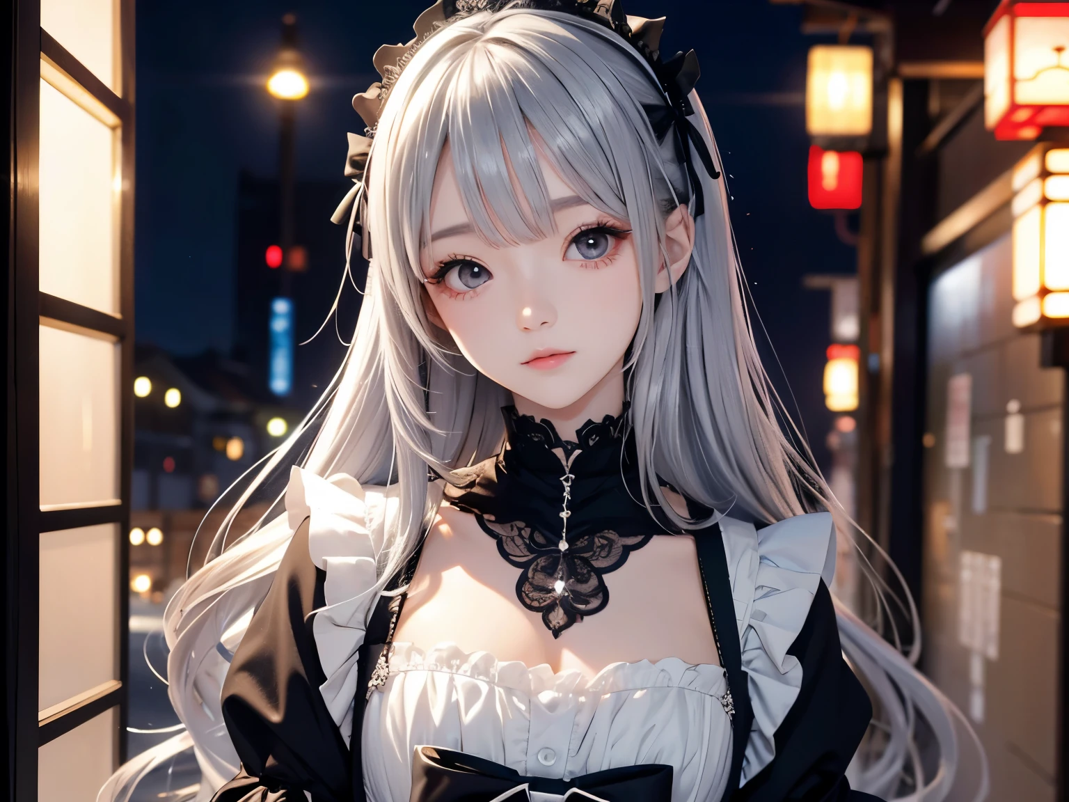 Japanese women、clear、cute、 silver hair long、 Gothic ta 、Maid