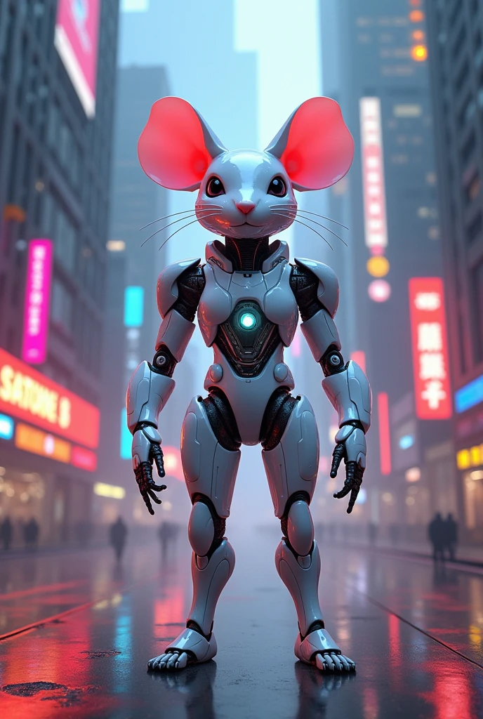 Mouse in white glossy cyborg costume standing between skyscrapers with ...