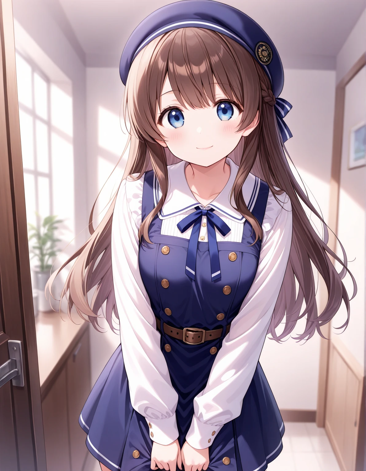  depth of field ,  1 girl,   light smile,   looking at viewer,  cute,    she's very tall ,  Detailed body, small tits, Wear a navy blue dress , Belt worn、Daytime,  natural light, masterpiece,  top quality ,  Great Quality,   So Aesthetic , up to date,smile、Wear a beret 、Brown Hair、Blue eyes