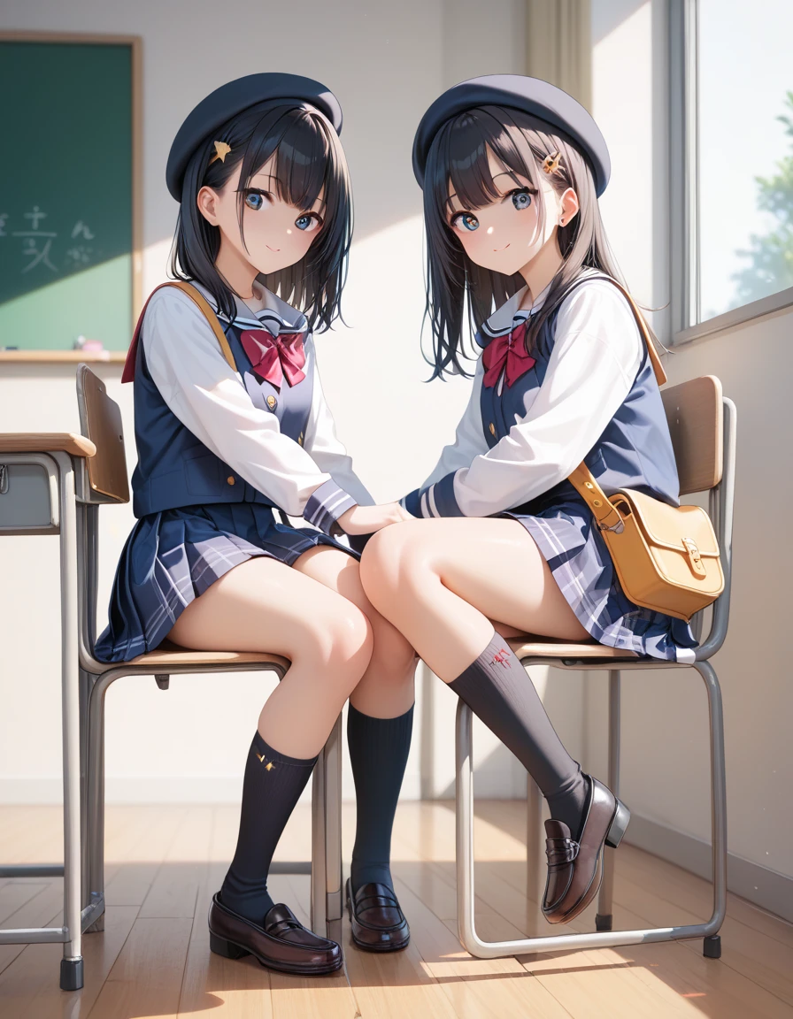 score_9, score_8_ up, score_7_ up, Source_Anime,  high resolution picture ,masterpiece, top quality , girl , girl 1人, cute face, clean skin, shiny hair, super detailed eyes,  women's clothing,  school uniform, shoulder bag, beret, ((black knee-high socks up to the knee)),  school classroom,  sitting on chair 