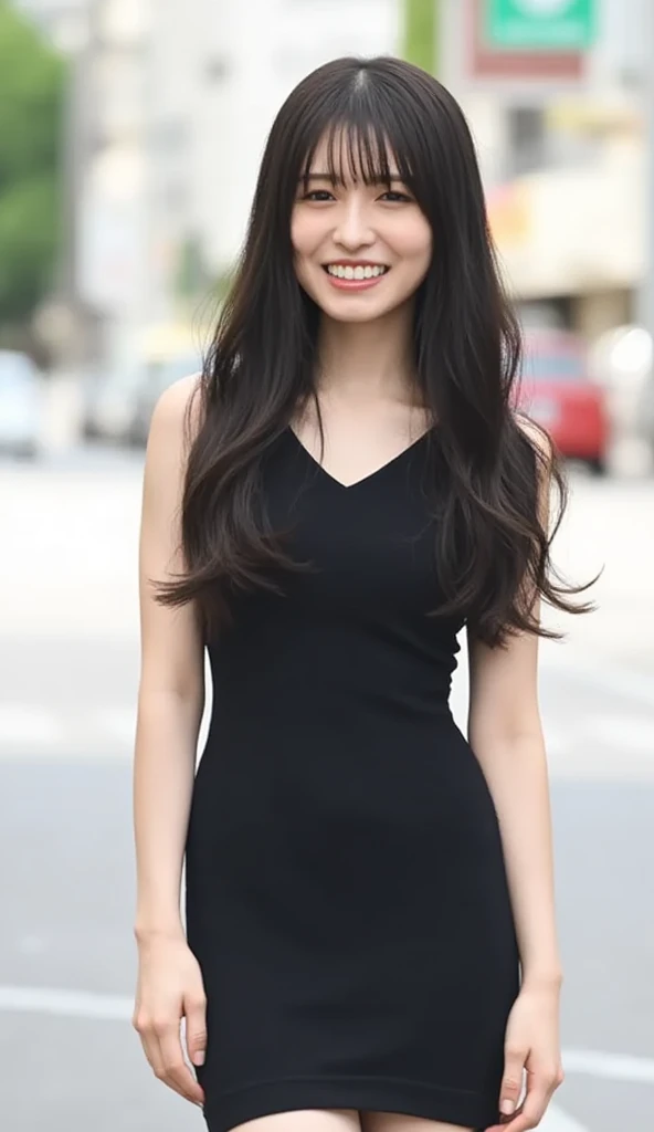 Nagahama_black,This image is a portrait of a young woman with black hair and shoulder-length bangs. She is smiling broadly, looking straight into the camera, wearing a tight dress, the background is blurred but appears to be an urban area with buildings and trees. The lighting is soft and natural, creating a bokeh effect. . (Full body: 1.2), ((Tight skirt reveals underwear line: 1.2)), Black skirt.