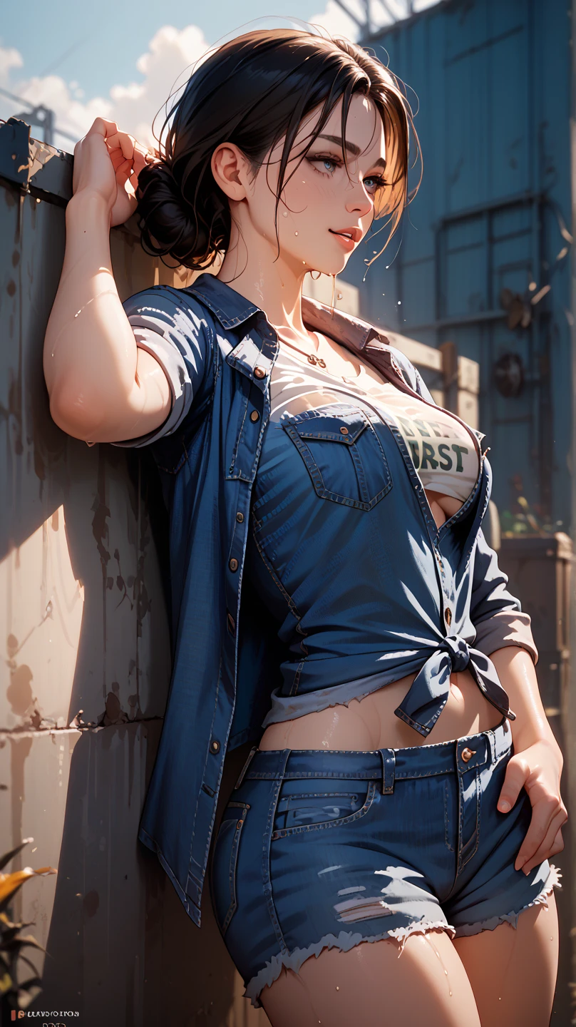 25 year old european woman with short undercut indigo hair dressed as a cowgirl with brown leather mini skirt, cleavage, belt, hat. Blue eyes with eye liner. Neutral background