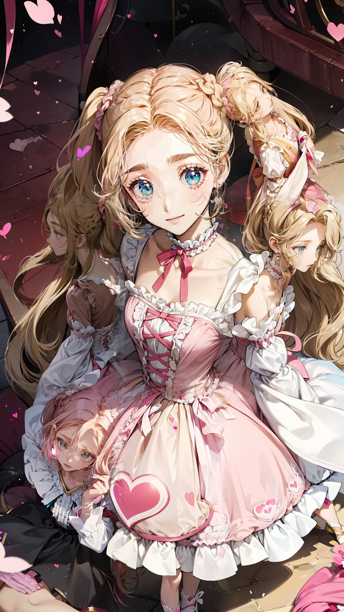 She has olive green eyes and long blonde hair that is braided over her shoulders.., Tied with a little ribbon and a heart, Pale pink scrunchie, Red Clip. Her hair color is light.、It grew very long, Worn in pigtails tied with a deep pink ribbon with a red heart. she got gold heart earrings. she、White ruffle trim、She is wearing a pale pink frilly dress.、There is a pink lining strip in the center。。. White ribbon with a ruby heart on the chest, She has a yellow ribbon around her waist、Secure with a small heart、Wallet hanging. Her shoes are pale pink..、The soles are pink、Comes with white ruffled leg warmers that match the sleeves.。, Adorned with pink ribbon and ruby heart.,[background:room,From above:1.1,