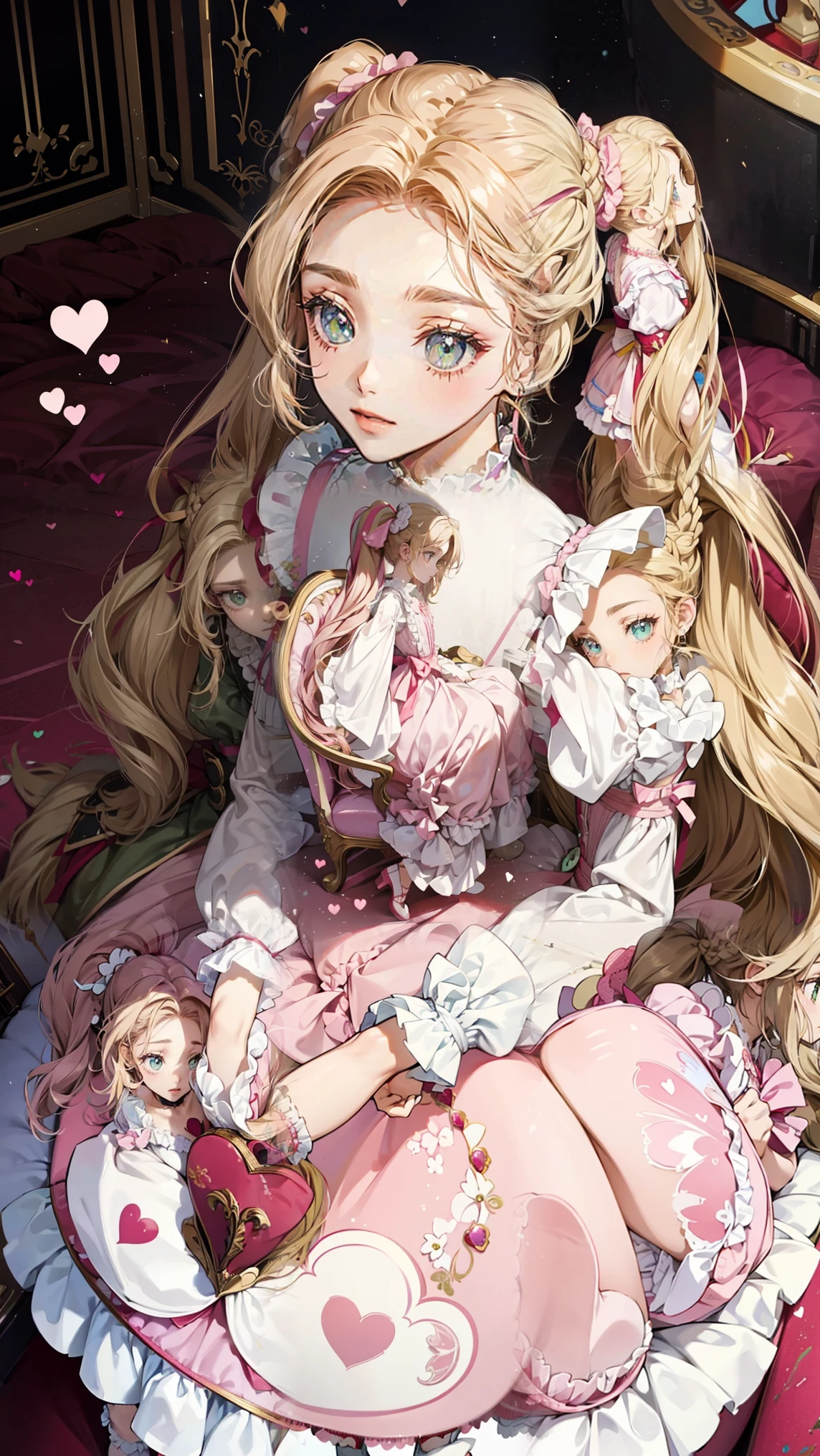 She has olive green eyes and long blonde hair that is braided over her shoulders.., Tied with a little ribbon and a heart, Pale pink scrunchie, Red Clip. Her hair color is light.、It grew very long, Worn in pigtails tied with a deep pink ribbon with a red heart. she got gold heart earrings. she、White ruffle trim、She is wearing a pale pink frilly dress.、There is a pink lining strip in the center。。. White ribbon with a ruby heart on the chest, She has a yellow ribbon around her waist、Secure with a small heart、Wallet hanging. Her shoes are pale pink..、The soles are pink、Comes with white ruffled leg warmers that match the sleeves.。, Adorned with pink ribbon and ruby heart.,[background:room,From above:1.1,