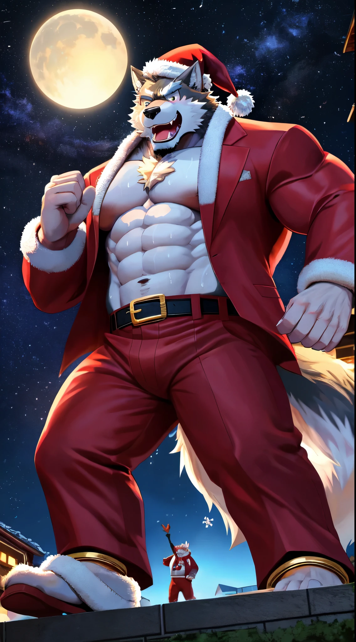 furry male wolf species has a buff and big muscle body, wears santa hat, it's Christmas