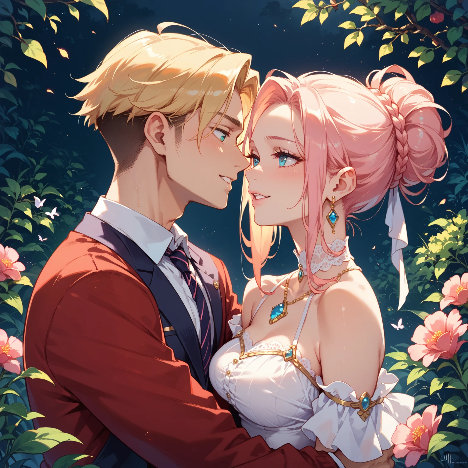 absurdres, highres, ultra detailed, HDR, master piece, best quality, Arthur Pendragon, blonde hair, expressive green eyes, fate grand order, Merlin, white untamed long hair, expressive blue eyes, two sexy men together, gay couple, yaoi, handsome, white tunic, black funic, fantasy, water, pink flowers, pink blossoms, pink butterflies, pink petals