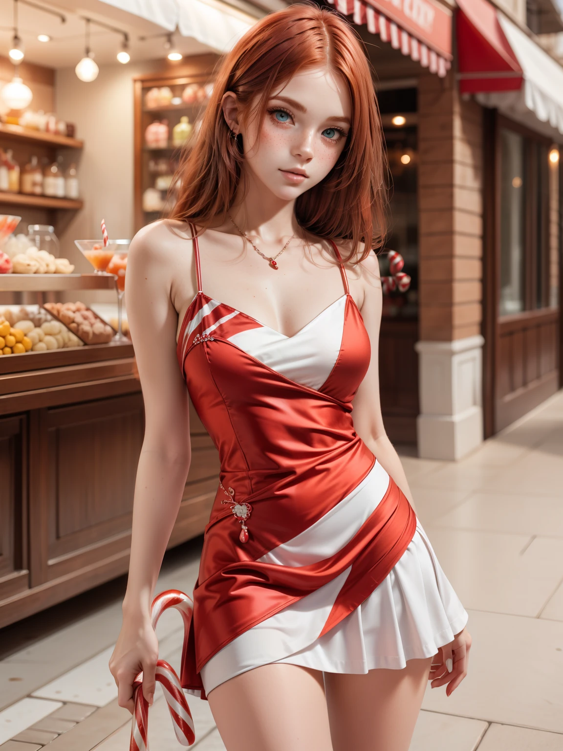 beautiful female glamor model, redhead, orange ginger, face covered in lots of (freckles:.9), candy outfit, white mini skirt, candy cane cocktail dress.