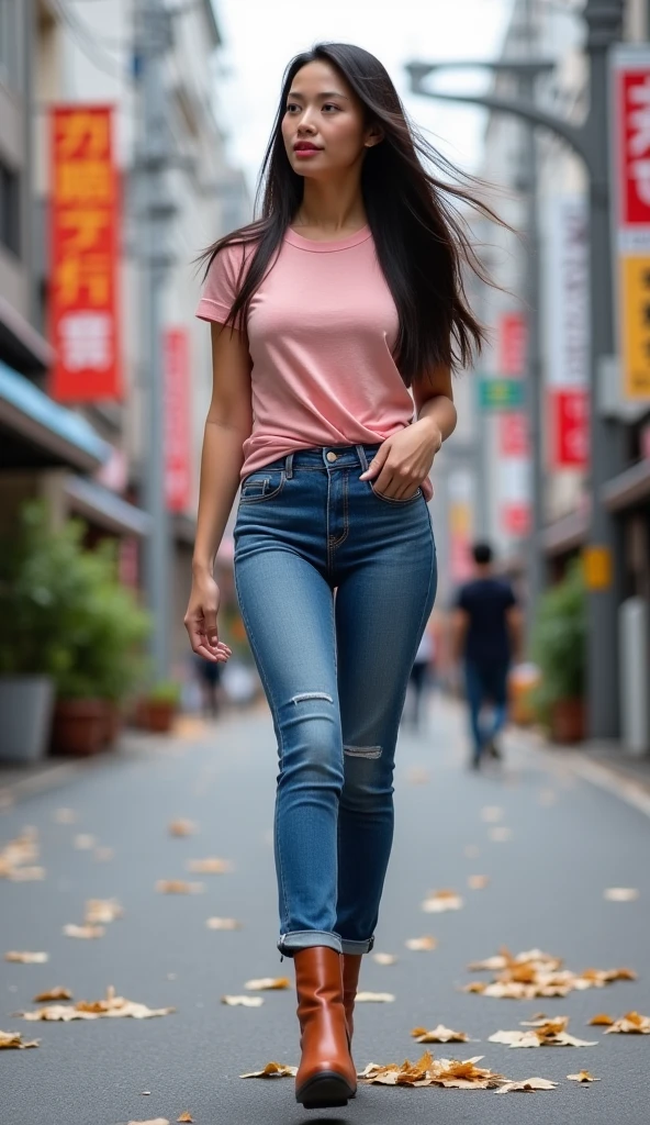 (Solo Arabian 28 years old girl), wearing a (Red baggy plain tee-shirt, long length tee-shirt, skinny dark gray long jeans, :1.5), walking cross legs, seductive smile,long black hair,(full body:1.1), (cyberpunk background:1.2), outdoors,(rain:1.1, wet street) ,(medium breasts,  bouncing breasts, no bra), basic red long length tee-shirt, short sleeves red tee-shirt, wristwatch, very beautiful middle eastern girl, ankle fit gray tight jeans, detailed very beautiful feet's, detailed very beautiful fingers, wearing black sleeper, fashion shoot, full size images.
good hand,4k, high-res, masterpiece, best quality, head:1.3,((Hasselblad photography)), finely detailed skin, sharp focus, (cinematic lighting), collarbone, night, soft lighting, dynamic angle, [:(detailed face:1.2):0.2],(((1920s city background))), outside,