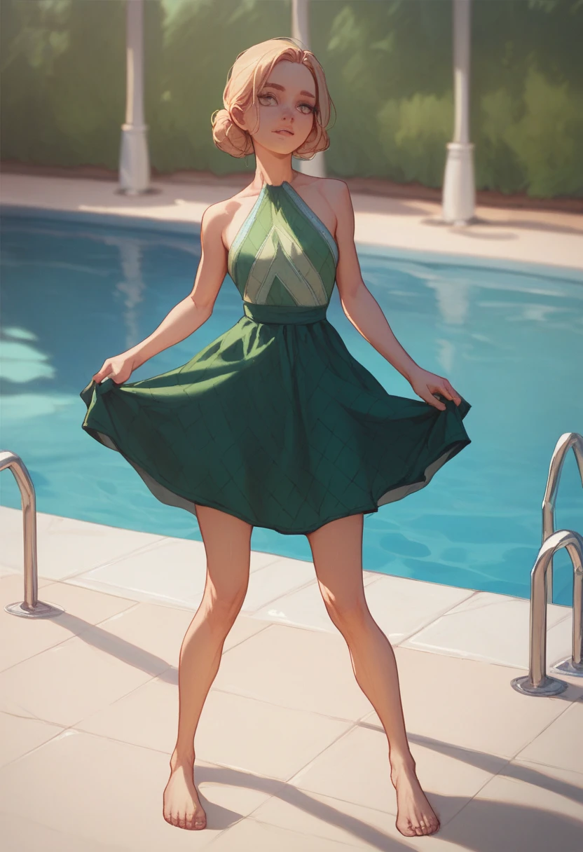 Wendy, green dress, barefoot, poolside 