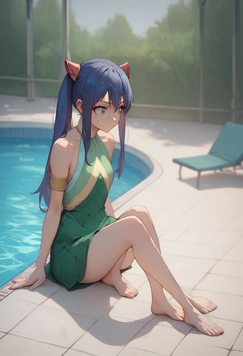 Wendy Marvell, green dress, barefoot, poolside,