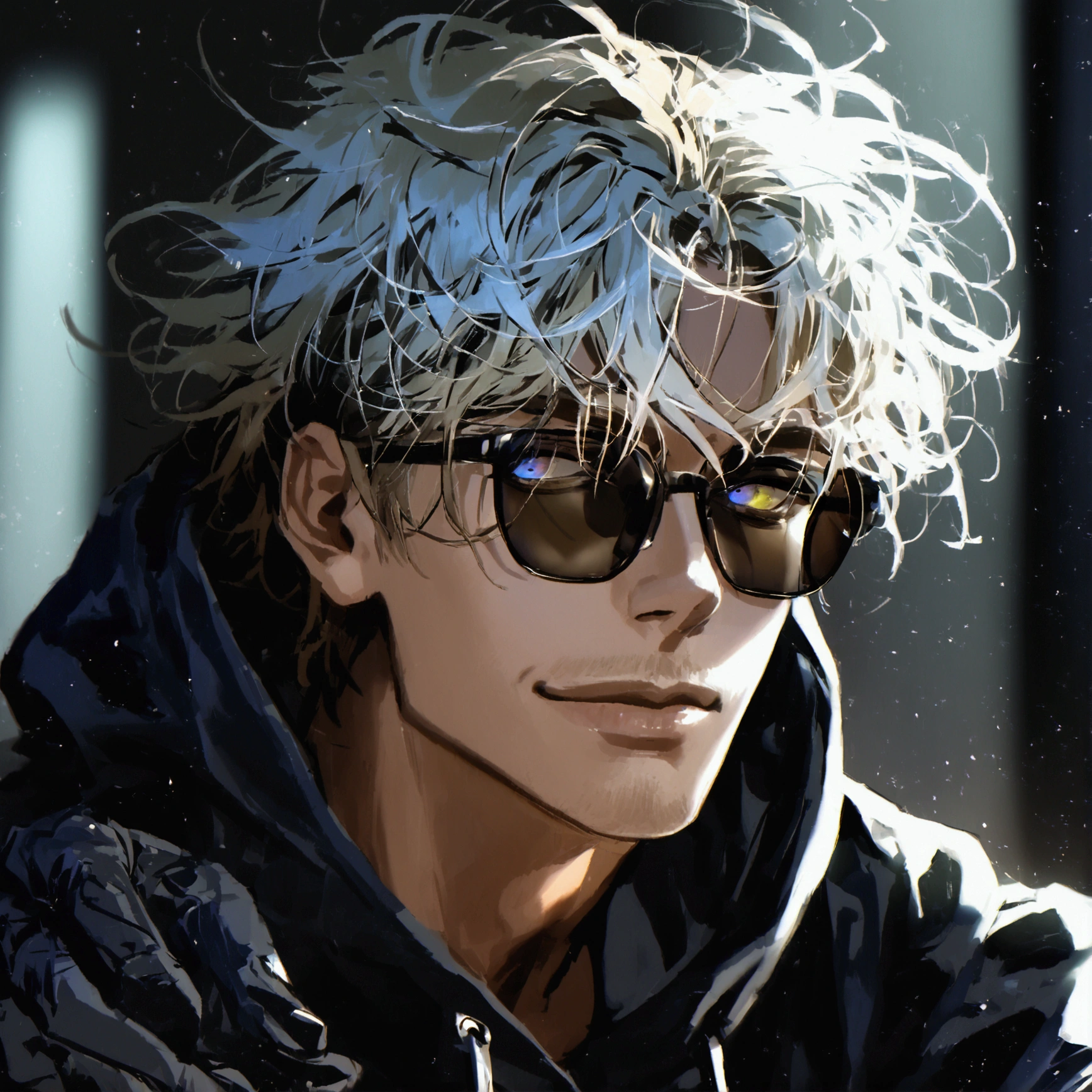 (solo), (1 male), (1 man), handsome men, (one man with blonde hair with black inner hair color, glay eyes), short hair, messy hair, sunglasses,black oversized hoodie((masterpiece)), (dark background: 1.3), (stylish), dynamic angle, (detailed face, detailed eyes, proportional hands, proportional anatomy), sitting in a relaxed pose, sinister atmosphere, a nihilistic smile,black background