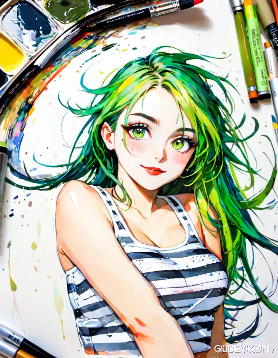 sexy girl, long green hair,nude breast,white tank top, small breast, striped miniskirt and panties, punk,, slight smile, Bill Sienkiewicz colors, bright colors, intricate details, hand painting oil. black and white sketch style, art inspired by Bill Sienkiewicz and Dave McKean, (best quality,4k,8k,highres,masterpiece:1.2),ultra-detailed,(realistic,photorealistic,photo-realistic:1.37),beautiful detailed eyes,beautiful detailed lips,extremely detailed eyes and face,longeyelashes,