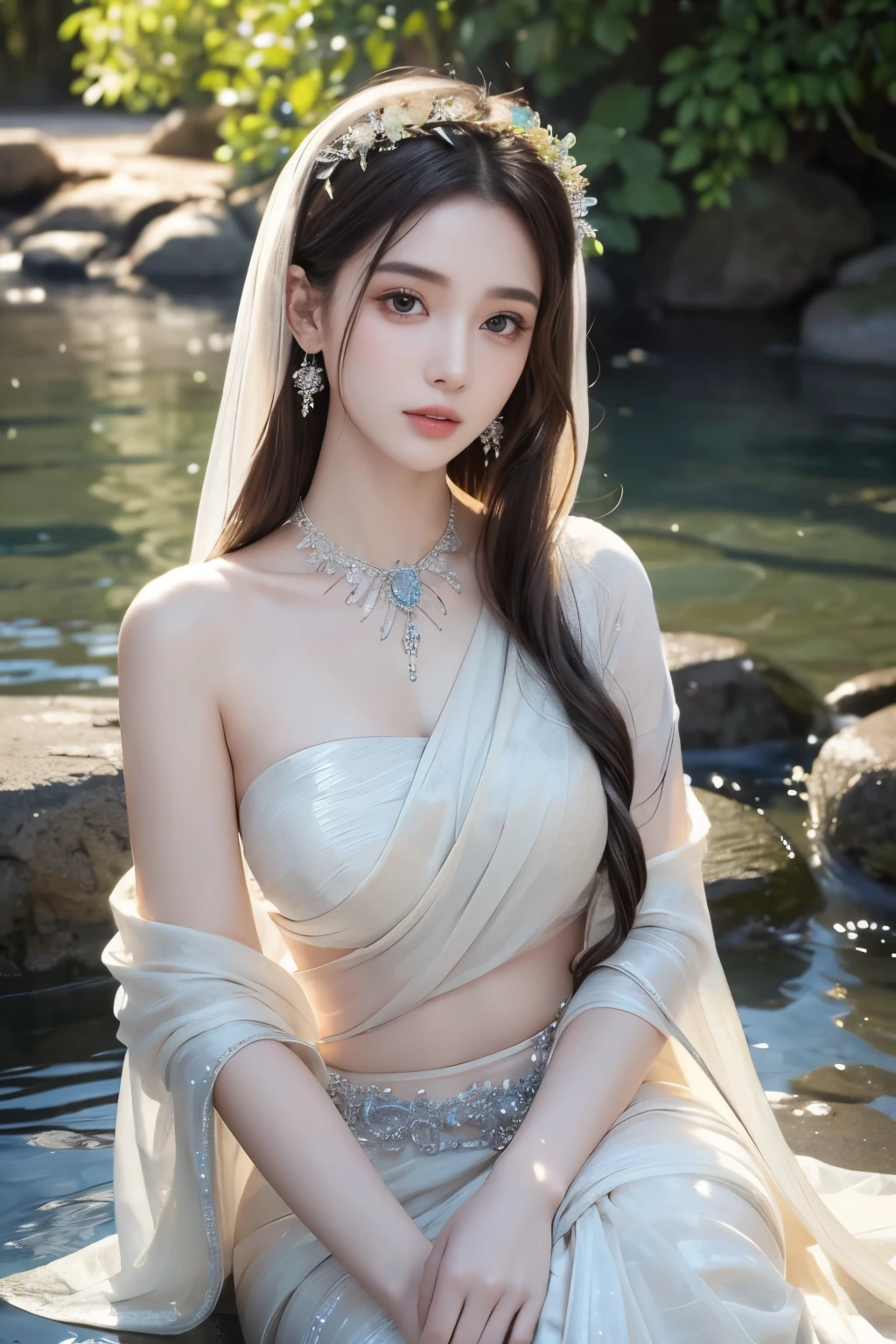 ((best quality)), ((masterpiece)), (detailed), A stunningly ethereal young woman adorned in a graceful thin white saree, deep neck, her fair and milky white skin glowing with an otherworldly beauty. The hyper-realistic image captures every intricate detail, from the intricate hair ornament adorning her locks to the serene expression on her face as she sits in peaceful contemplation. This masterpiece of a painting radiates a mesmerizing quality, drawing the viewer into the spellbinding beauty of the subject. River, wet, bathing