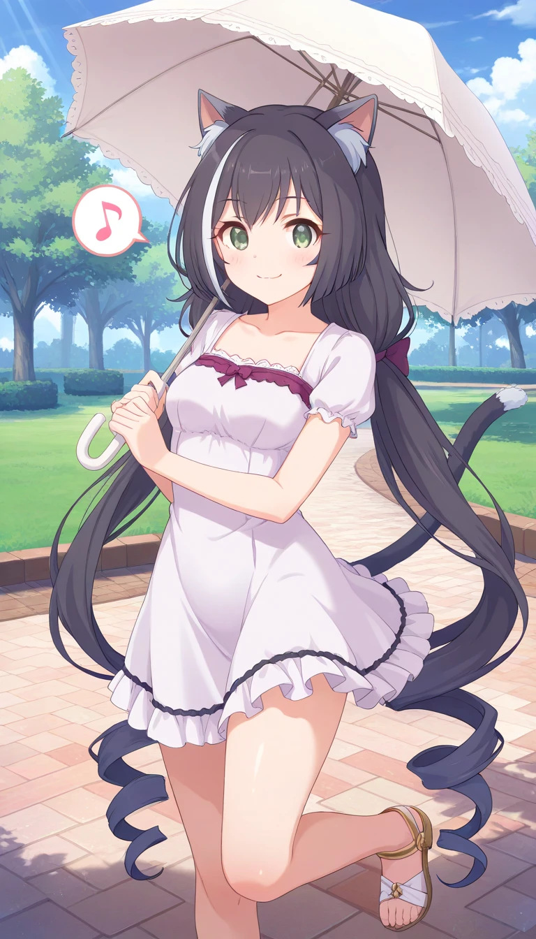 masterpiece, best quality, 1girl, solo, princess connect!, karyl \(princess connect!\), green eyes, black hair, white hair, multicolored hair, long hair, streaked hair, hair between eyes, cat ears, cat tail, medium breasts, collarbone, white sun dress, frilled dress, puffy short sleeves, holding umbrella, white umbrella, thick thighs, bare legs, white sandals, shiny skin, looking at viewer, outdoors, blush, closed mouth, happy smile, spoken musical note, outdoors, park, cloud, sunlight, lens flare, sunbeam,