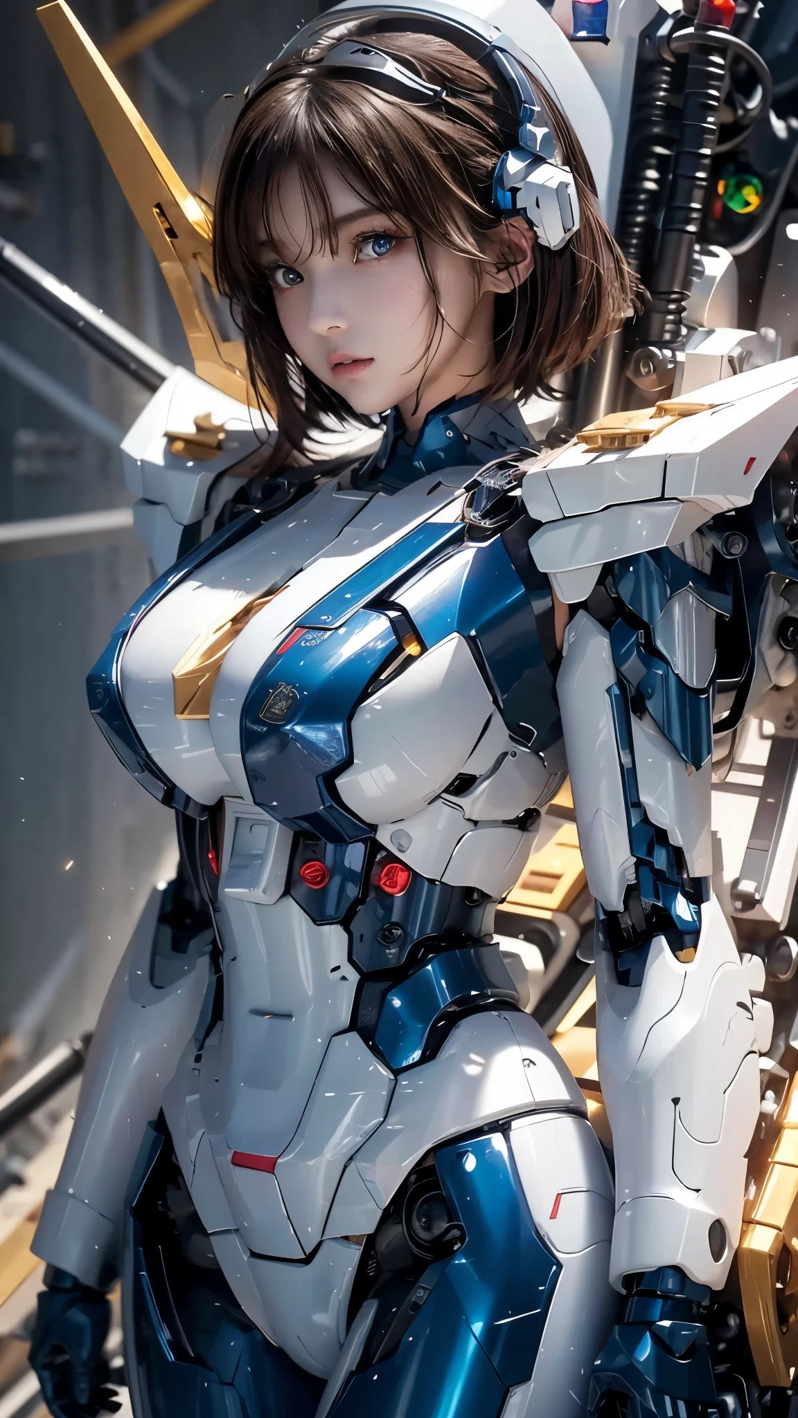 textured skin , super detailed , attention to detail, High Quality , 最 High Quality , high res, 1080P, hard disk , beautiful,(Gundam Girl), beautifulサイボーグの女性, mecha cyborg girl,BATTLE MODE,Japanese girl with a machine body 、Moderate bust、 black hair、 shortcuts,She is wearing an old style Gundam mecha 、White, blue, red and yellow body color、 Fine Decorations 、Illuminating parts、 emphasizes breasts、 upper body up