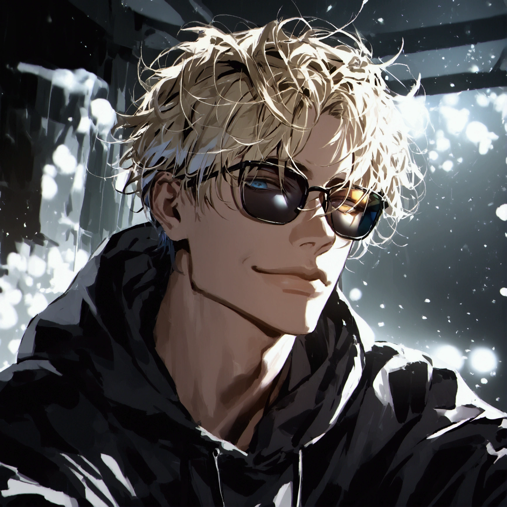 (solo), (1 male), (1 man), handsome men, (one man with blonde hair with black inner hair color, glay eyes), short hair, messy hair, sunglasses,black oversized hoodie((masterpiece)), (dark background: 1.3), (stylish), dynamic angle, (detailed face, detailed eyes, proportional hands, proportional anatomy), sitting in a relaxed pose, sinister atmosphere, a nihilistic smile,black background