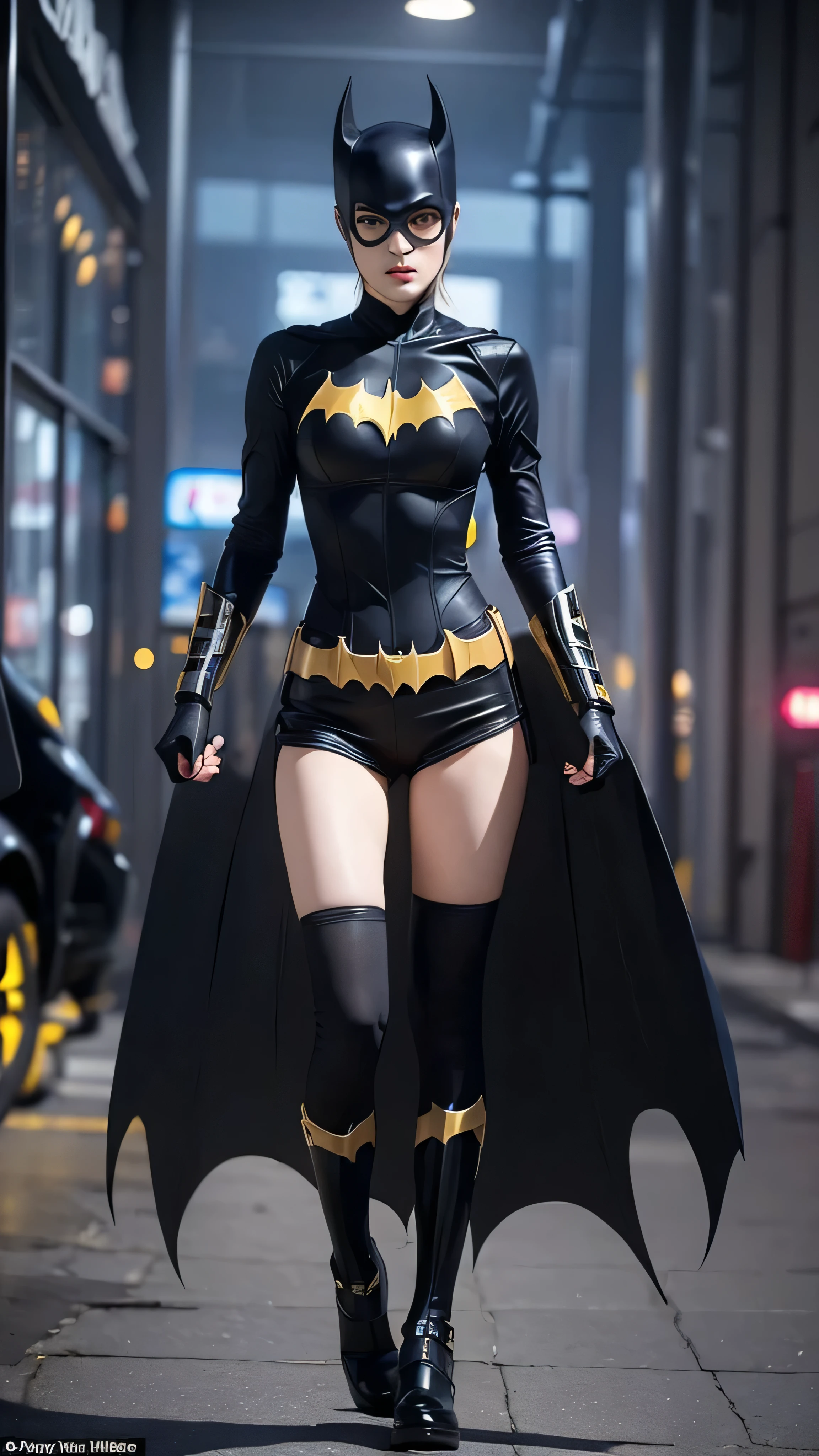 (( Style of Batgirl  )) Render a full-body portrait of Marvel&#39;s Dazzler in a fierce pose against a neon-lit city backdrop, Fireworks are exploding overhead.  woman holding hands , She is demonstrating her strength, There&#39;s a bright light trail behind her, Shining up her white punk rock outfit. Always capture the unique sound waves emitted from your hands、 Be sure to also include vinyl records scattered around the perimeter to show the power of the music theme。.