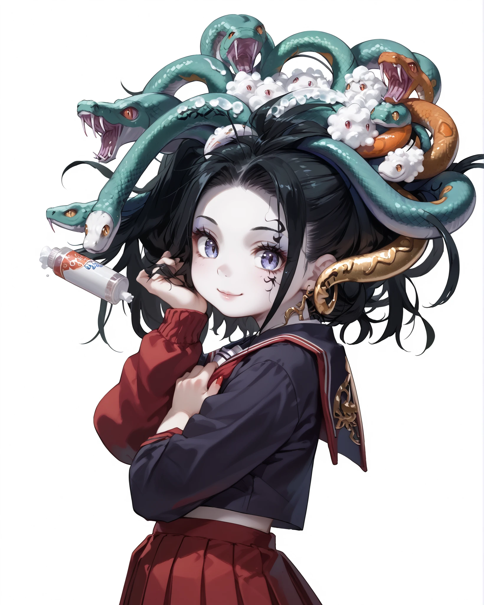 Japanese anime style illustration, kawaii,, 
Medusa_KI, snake hair,  pale skin, jewelry, cute girl smiling, Junior high school girl, sailor school uniform, 
head of hair all numerous snakes, from side, looking back at viewer, washing head with shampoo foam, spread fingers, hands on hair, finger on hair, (large amount of foam in head of hair, snakes covered in foam, snakes with pained face) ,portrait, simple Background,
