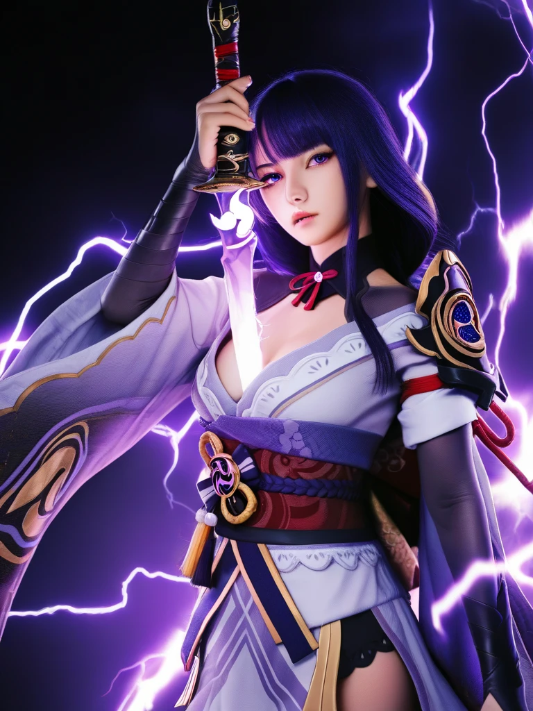 cowboy shot,
1girl,raiden shogun,holding sword,between breasts,
head tilt,serious,hand up,looking at viewer,parted lips,wind,dark background,electricity,sparks,
masterpiece,best quality,amazing quality,