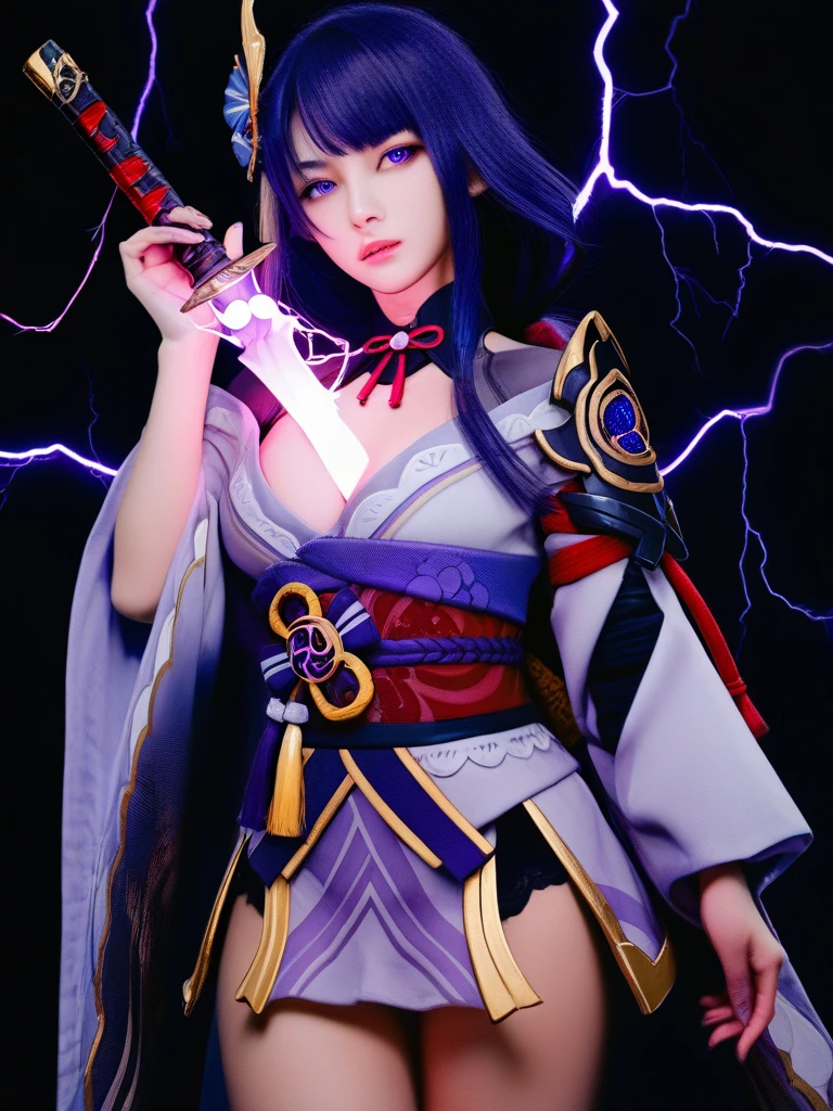 cowboy shot,
1girl,raiden shogun,holding sword,between breasts,
head tilt,serious,hand up,looking at viewer,parted lips,wind,dark background,electricity,sparks,
masterpiece,best quality,amazing quality,