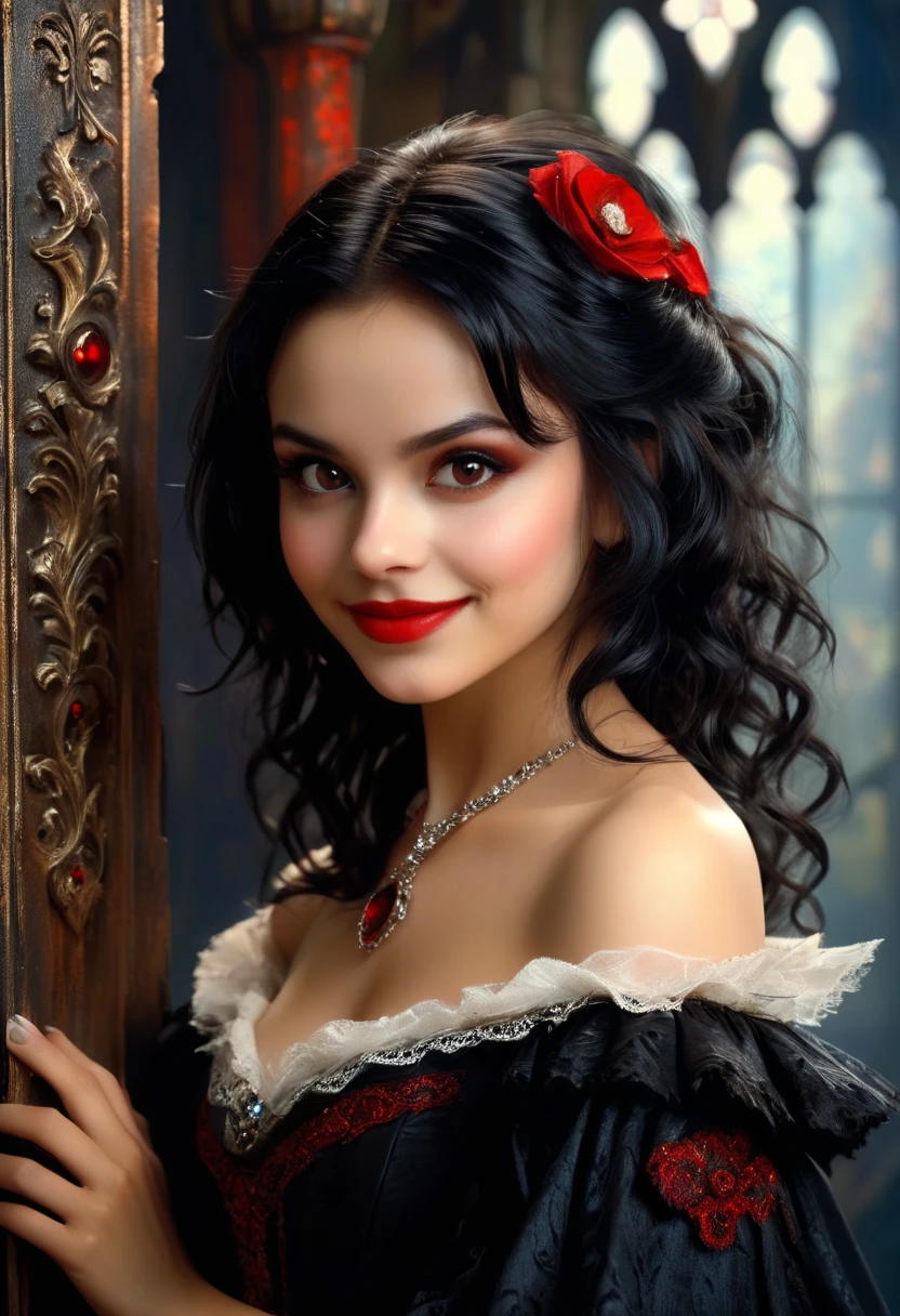 vampire , dracula castle ((JOANNA ORTEGA,jOANNA oRTEGA),Wednesday,a photo of (jennao:1.2), JennaO, charming mysterious smile , big brown eyes, black hair, shag bob, gothic background, photo realistic, (realistic:0.99),(masterpiece:1.2),(dynamic pose:1.2),