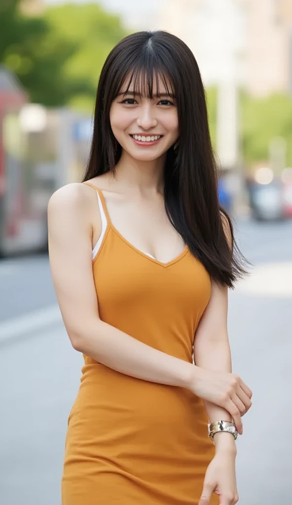 Nagahama_black, This image is a portrait of a young woman with dark hair and shoulder-length bangs. She is smiling broadly, looking straight into the camera, and wearing a tight-fitting ochre-colored dress. The background is blurred but appears to be an urban area with buildings and trees. The lighting is soft and natural, creating a bokeh effect. . (Full body: 1.2), ((Underwear line visible through tight skirt: 1.2)), nsfw