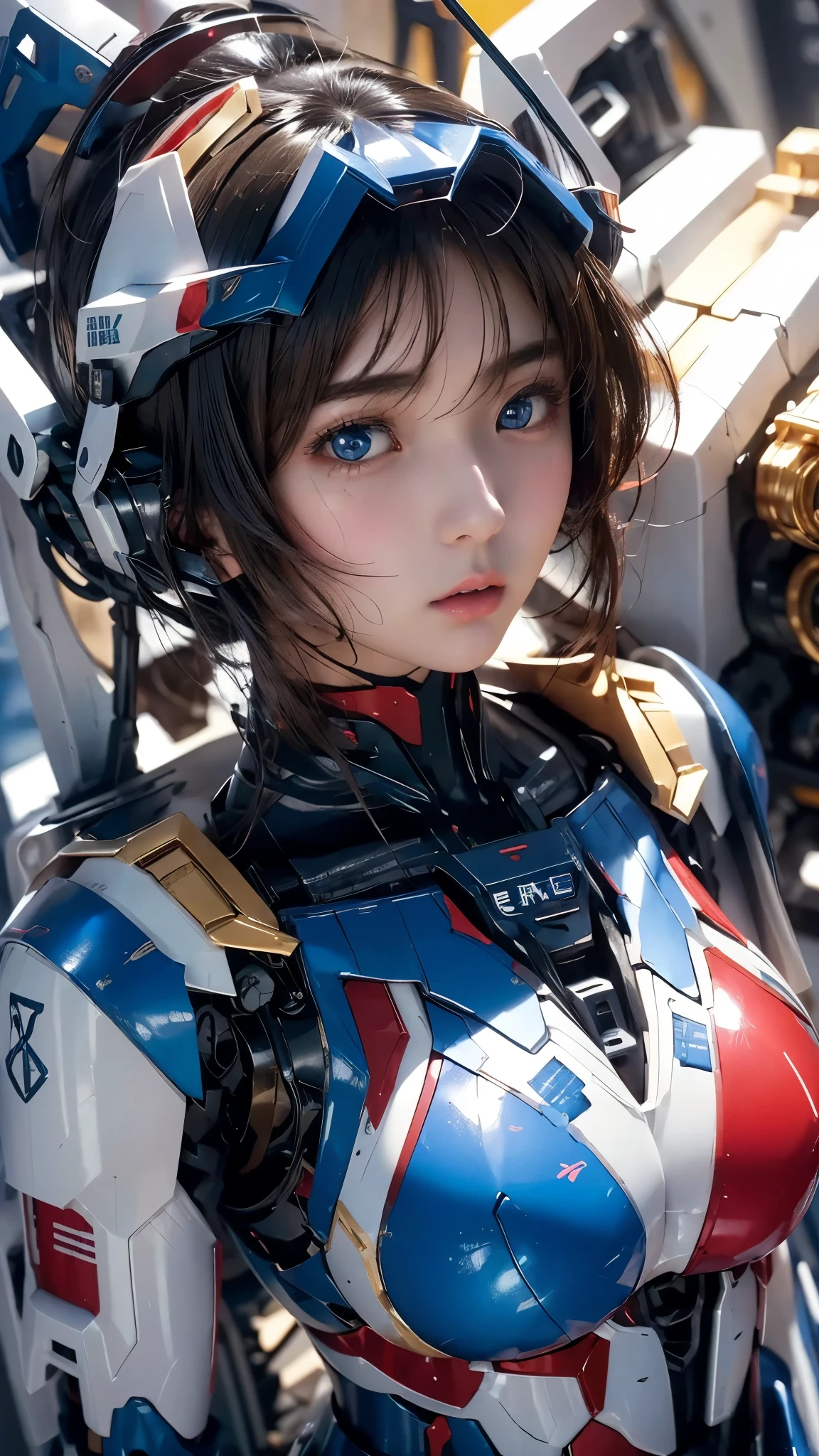 from the front、 textured skin ,  super detailed ,  attention to detail,  High Quality , 最 High Quality ,  high res, 1080P,  hard disk ,  beautiful,(Gundam Girl), beautifulサイボーグの女性, mecha cyborg girl,BATTLE MODE,Japanese girl with a machine body 、Moderate bust、 black hair、 shortcuts,She is wearing an old style Gundam mecha 、White, blue, red and yellow body color、 Fine Decorations 、Illuminating parts、 emphasizes breasts、 upper body up