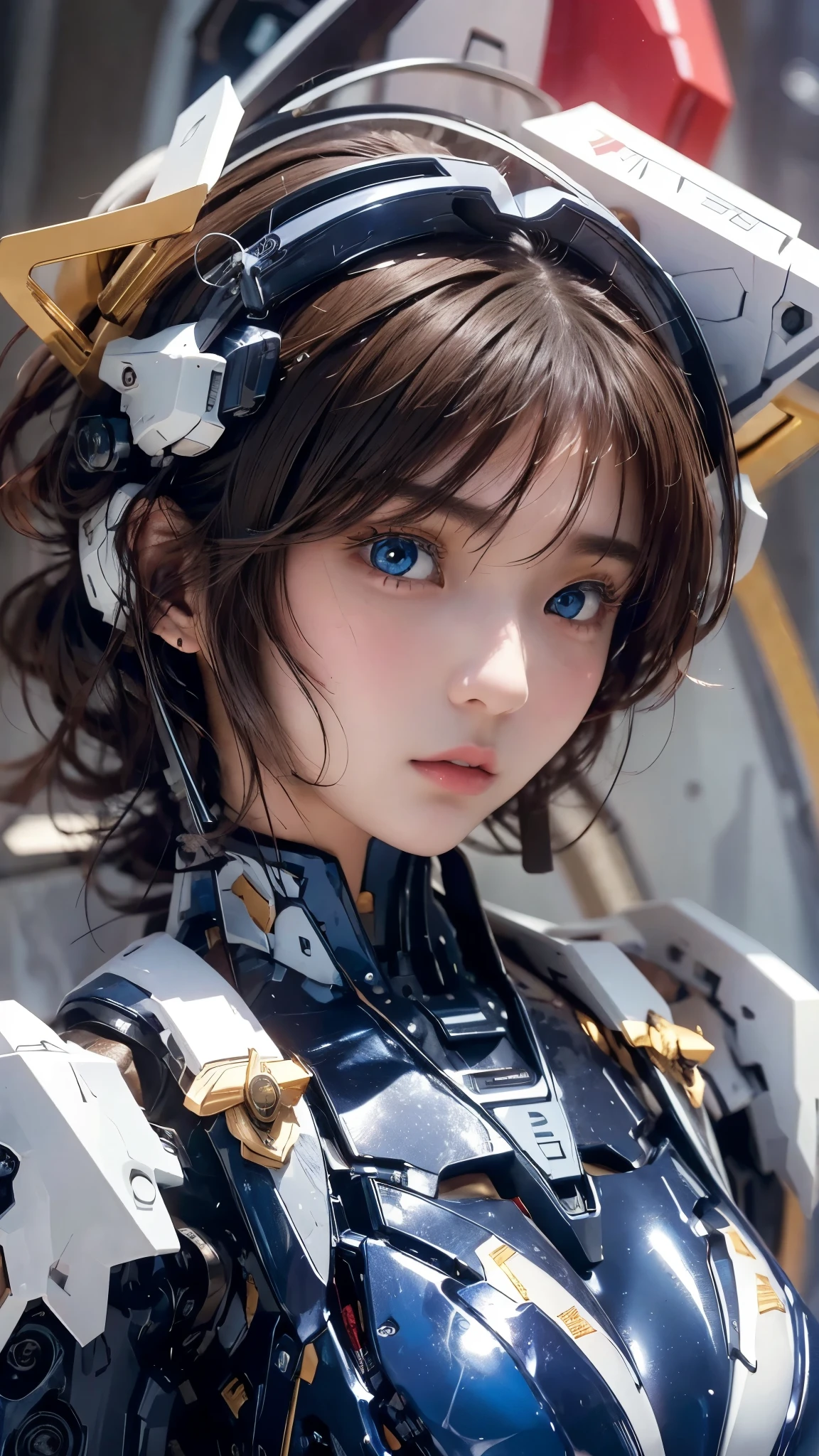 from the front、 textured skin ,  super detailed ,  attention to detail,  High Quality , 最 High Quality ,  high res, 1080P,  hard disk ,  beautiful,(Gundam Girl), beautifulサイボーグの女性, mecha cyborg girl,BATTLE MODE,Japanese girl with a machine body 、Moderate bust、 black hair、 shortcuts,She is wearing an old style Gundam mecha 、White, blue, red and yellow body color、 Fine Decorations 、Illuminating parts、 emphasizes breasts、 upper body up