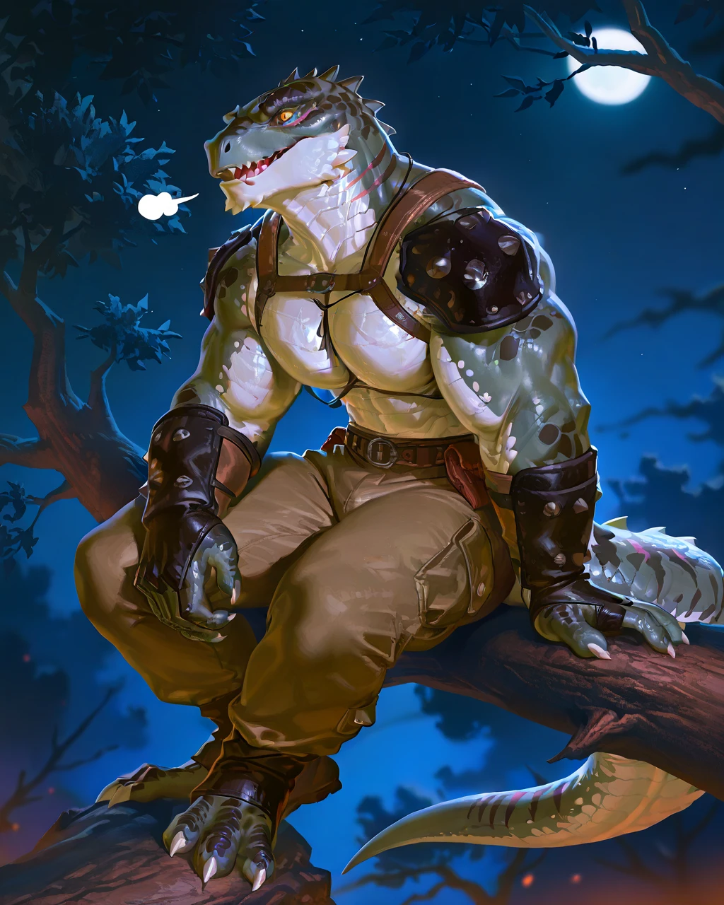 Muscular monster lizardfolk, solo, pants, mercenary, blue tongued skink lizardfolk, gray body, strong, 1male solo, anthro, bara, muscular, open mouth, small waist, thick tail, thick scales on the shoulders, marked jaw, big pecs, pants, full body, comicbook style, sitting on a tree, night time, best quality, 4k, ultra-detailed, by laobai, by taran fiddler, by honovy, by null-ghost, by thebigslick