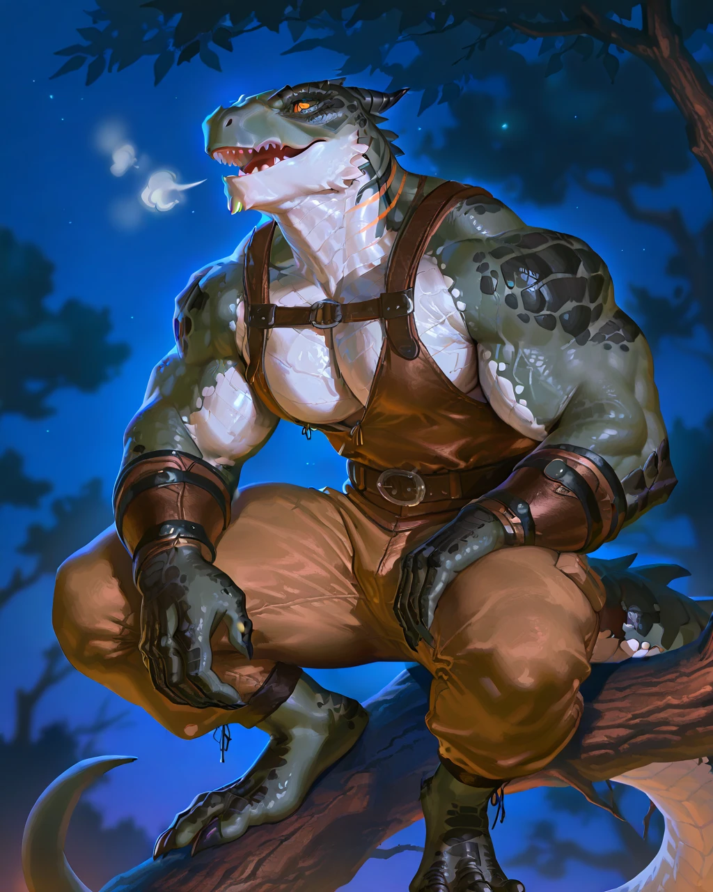 Muscular monster lizardfolk, solo, pants, mercenary, blue tongued skink lizardfolk, gray body, strong, 1male solo, anthro, bara, muscular, open mouth, small waist, thick tail, thick scales on the shoulders, marked jaw, pecs, big pecs, pants, full body, comicbook style, sitting on a tree, night time, best quality, 4k, ultra-detailed, by laobai, by taran fiddler, by honovy, by null-ghost, by thebigslick