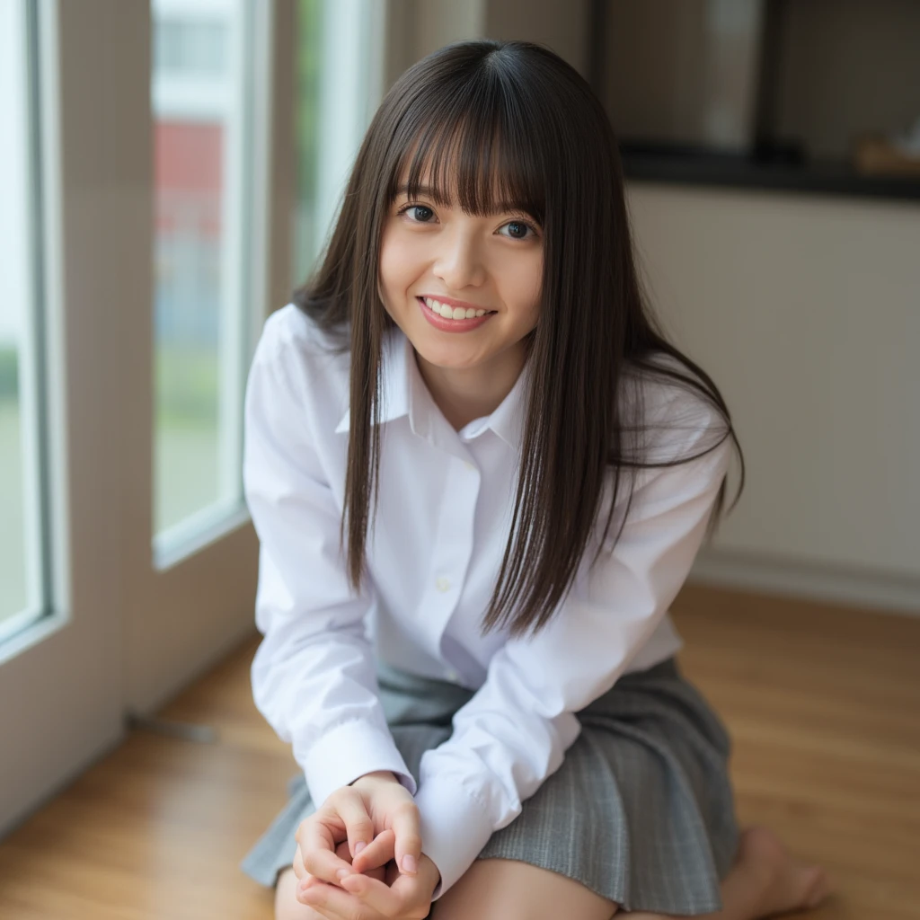 Full body. Her hair is straight and her bangs are half down. She is wearing a white collared shirt and looking straight into the camera with a serious expression. school uniform, skirt,Her features stand out. The whole atmosphere of the photo is calm and gentle, smiling, (full body, upskirt, panties,),nsfw