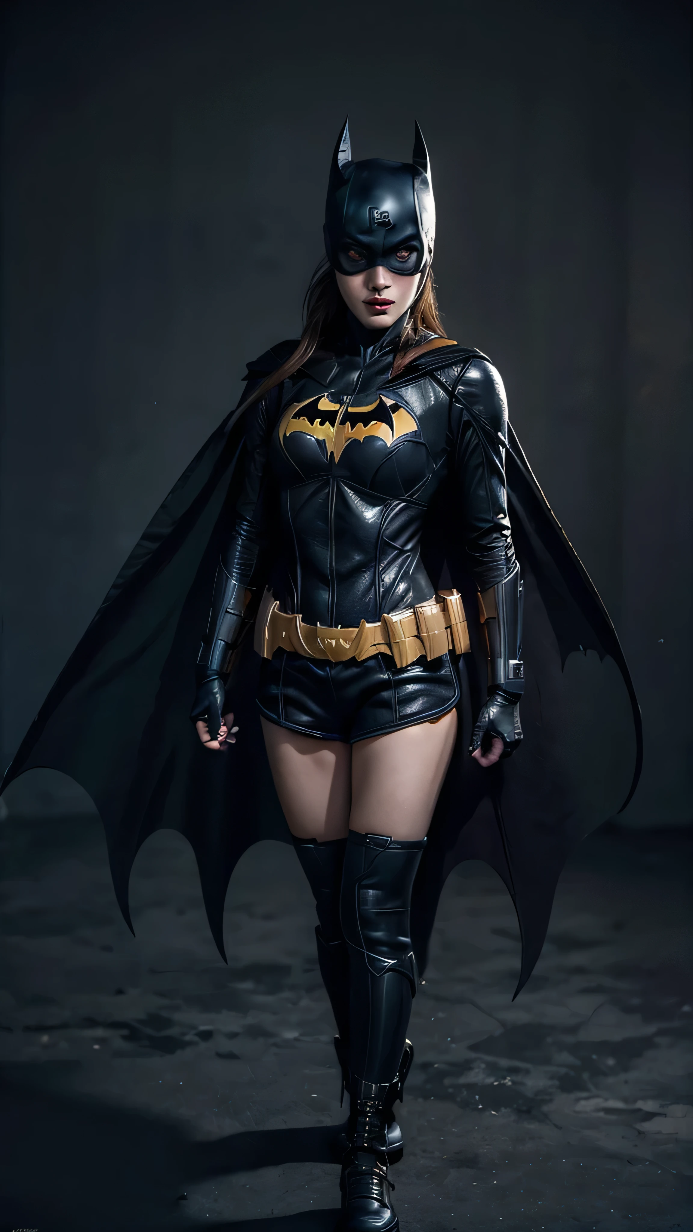 (( Style of Batgirl  )) Render a full-body portrait of Marvel&#39;s Dazzler in a fierce pose against a neon-lit city backdrop, Fireworks are exploding overhead.  woman holding hands , She is demonstrating her strength, There&#39;s a bright light trail behind her, Shining up her white punk rock outfit. Always capture the unique sound waves emitted from your hands、 Be sure to also include vinyl records scattered around the perimeter to show the power of the music theme。.