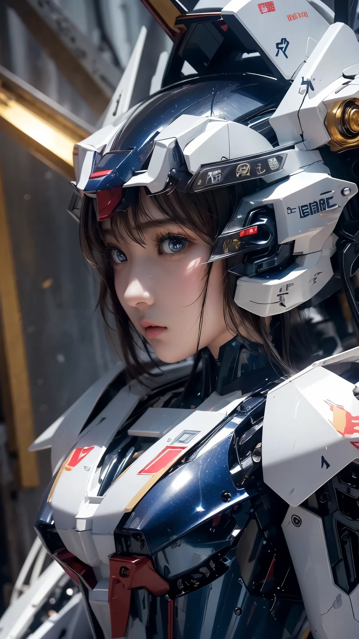 from the front、 textured skin , super detailed , attention to detail, High Quality , 最 High Quality , high res, 1080P, hard disk , beautiful,(Gundam Girl), beautifulサイボーグの女性, mecha cyborg girl,BATTLE MODE,Japanese girl with a machine body 、Moderate bust、 black hair、 shortcuts,She is wearing an old style Gundam mecha 、White, blue, red and yellow body color、 Fine Decorations 、Illuminating parts、 emphasizes breasts、 upper body up