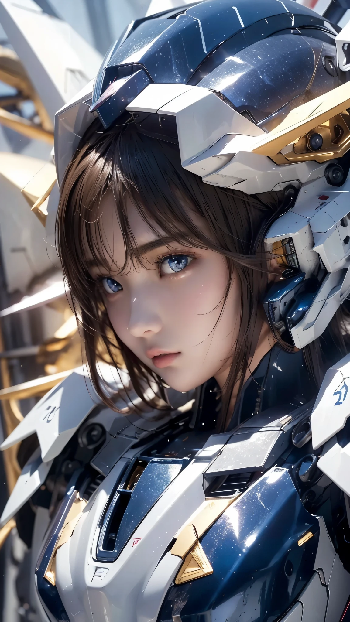 from the front、 textured skin , super detailed , attention to detail, High Quality , 最 High Quality , high res, 1080P, hard disk , beautiful,(Gundam Girl), beautifulサイボーグの女性, mecha cyborg girl,BATTLE MODE,Japanese girl with a machine body 、Moderate bust、 black hair、 shortcuts,She is wearing an old style Gundam mecha 、White, blue, red and yellow body color、 Fine Decorations 、Illuminating parts、 emphasizes breasts、 upper body up