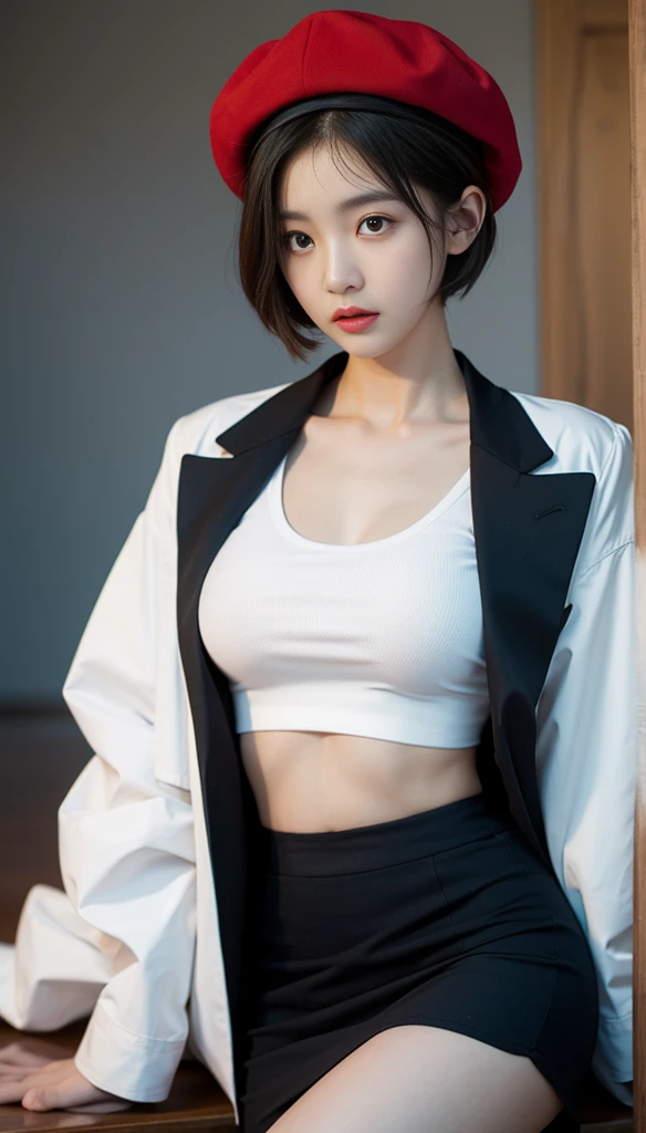 (8K, RAW photos, Photorealistic: 1.25), (Gloss on lips, eyeslashes, shining face, Shiny skin, Top quality, 超高分辨率, Depth of field, color difference, Caustics, Broadlighting, naturalshadow, Kpop idol) gentle, goddessy happiness watching viewer, maid, Miniskirt