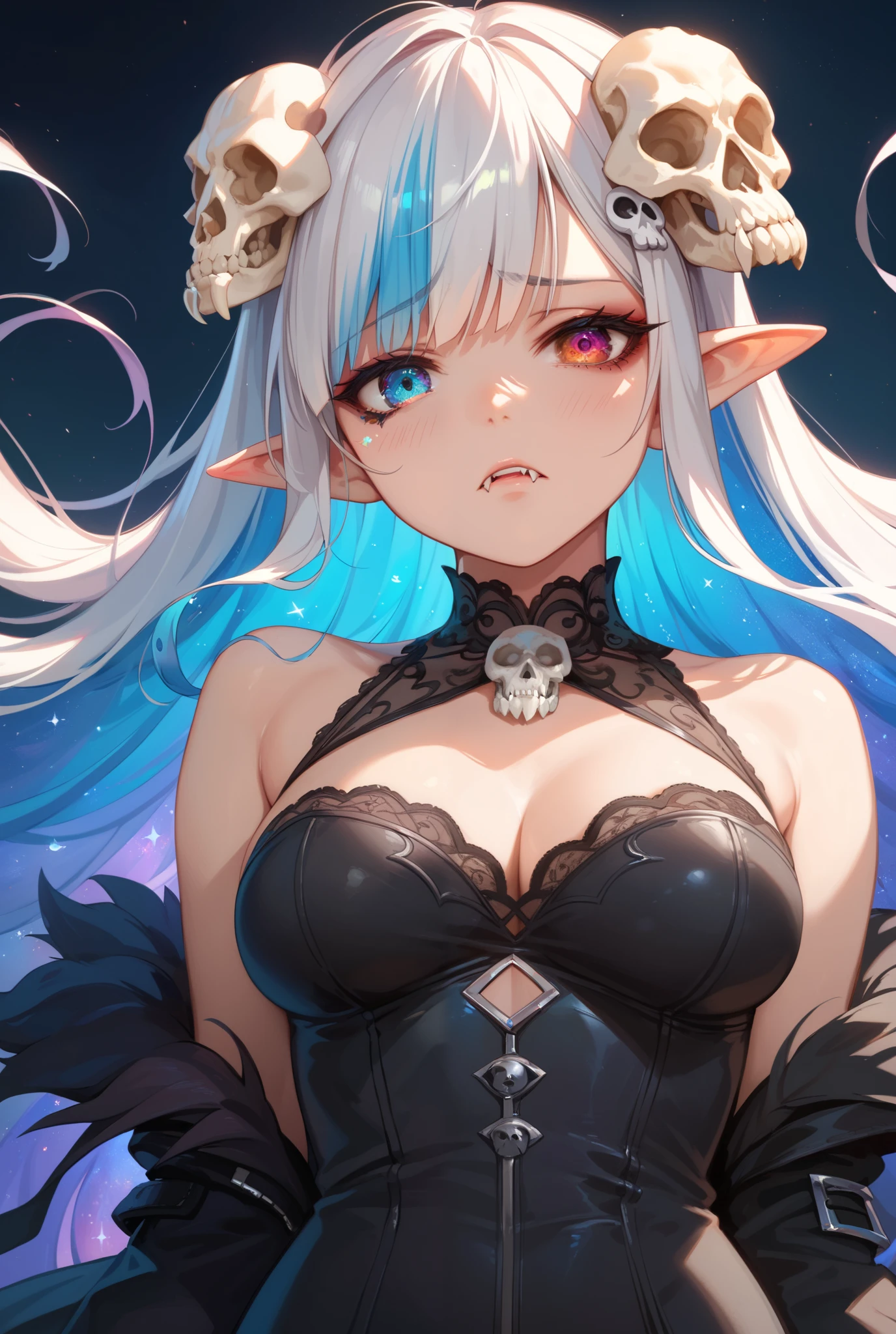 1girl, Anatomically Correct, Best
Quality, Detail, High Details, Quality, High Quality, Super
Detailed, Absurdly Long Hair, Multicolored Hair, Breasts,
Pointy Ears, Fangs, Makeup, Heterochromia,
Multicolored Eyes, Empty Eyes,
Light Blush, Skull Hair Ornament, Anime Style, Anime, ethereal, sad, dying