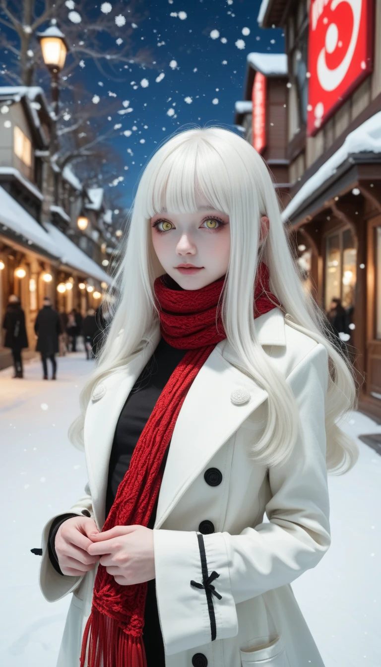 gothic lolita cosplay, cute girl,  white trench coat, red silk scarf、masterpiece, (( long hair )), long white hair , very long straight hair, Short bangs, albino white skin, Pale yellow eyes , Narrow shoulders, Moderate breasts, white skin, skinny, ((( outdoor、cold、 snowing 世界、 snowing ))), (((Night Time)))