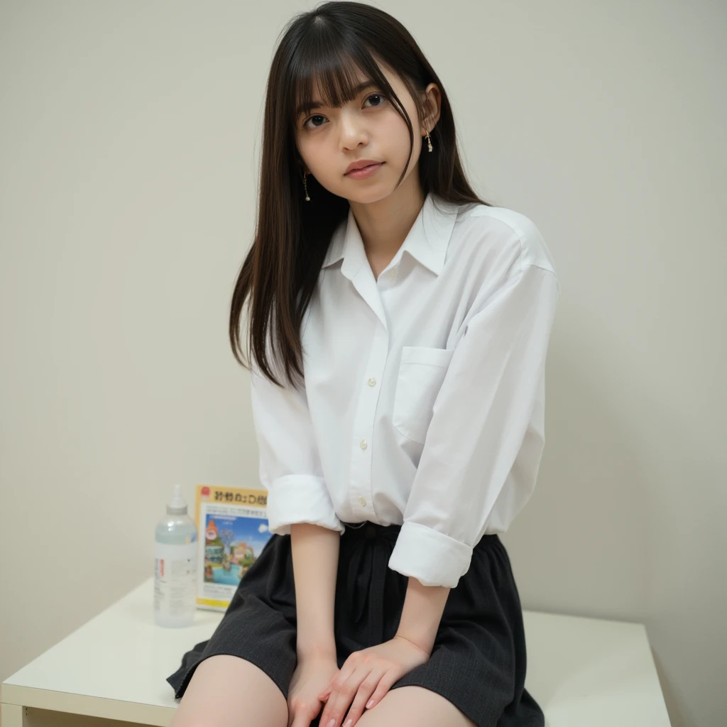 Full body. Her hair is straight and her bangs are half down. She is wearing a white collared shirt and looking straight into the camera with a serious expression. school uniform, skirt,Her features stand out. The whole atmosphere of the photo is calm and gentle, smiling, (full body, upskirt, panties:1.2),nsfw